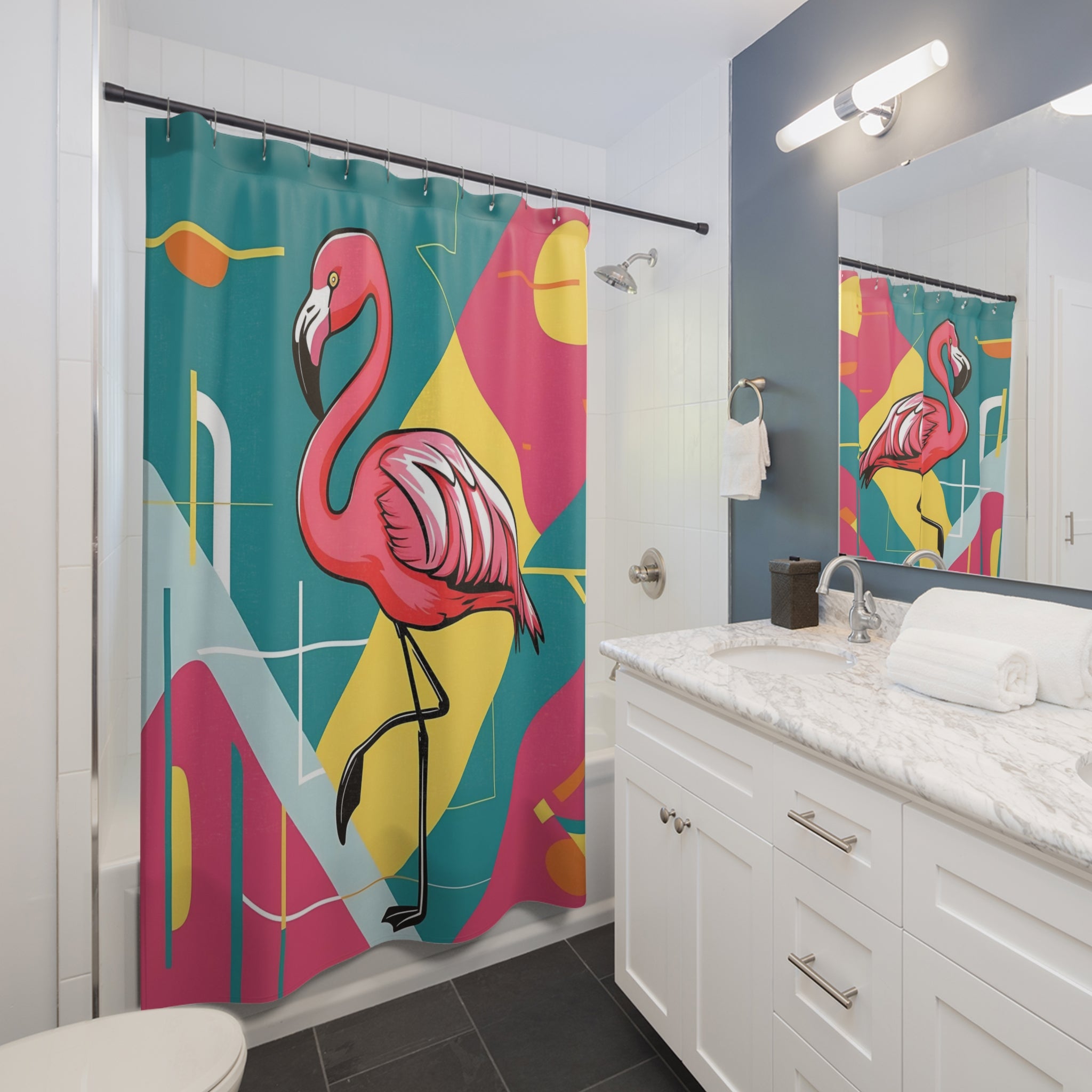 Palm Springs California, Mid Century Modern Tropical Flamingo Shower Curtain - Vibrant Bathroom Decor - Mid Century Modern Gal
