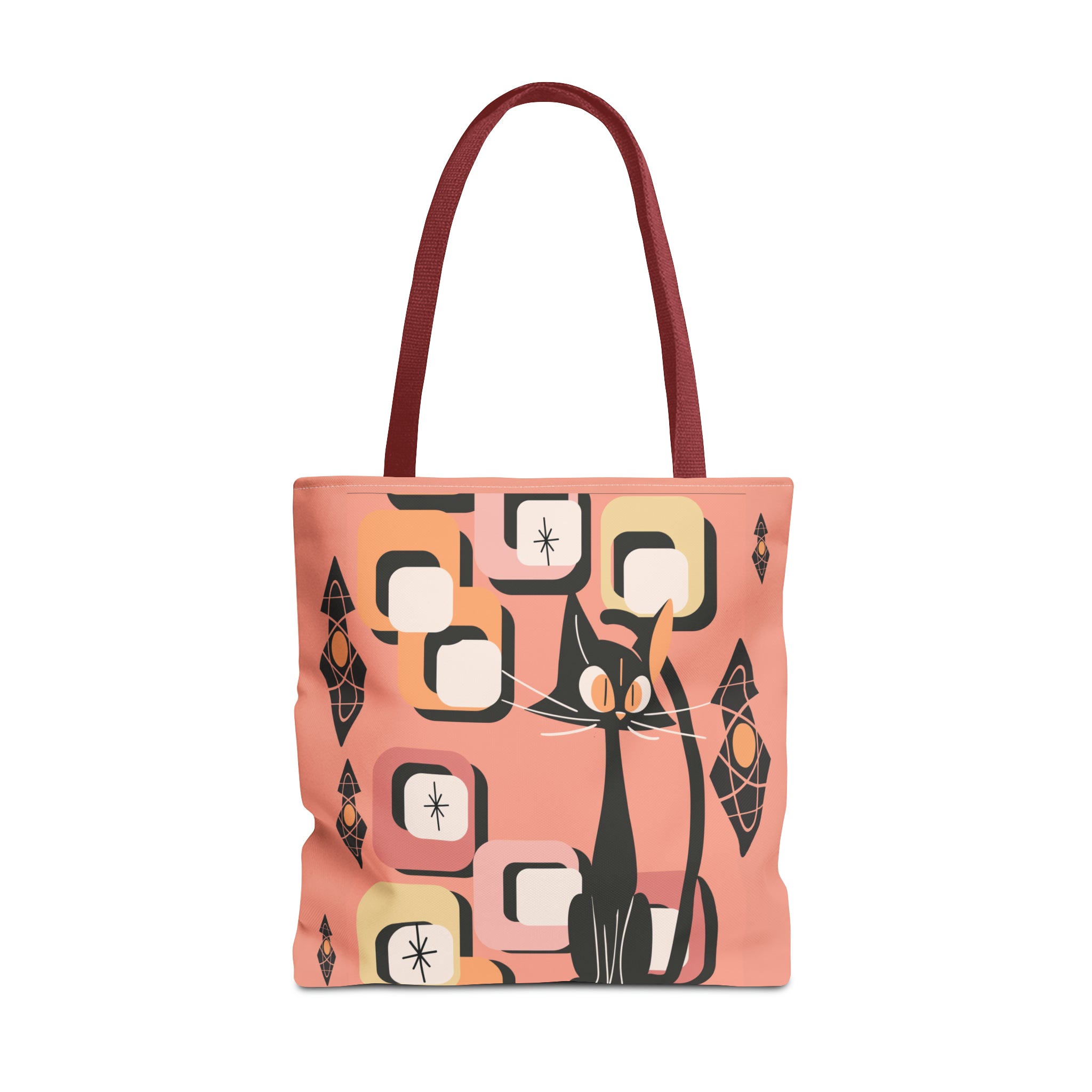 Atomic Cat Tote Bag, Coral Color, Mid Century Modern Geometric Designs, Mid Mod Retro Apparel - Mid Century Modern Gal