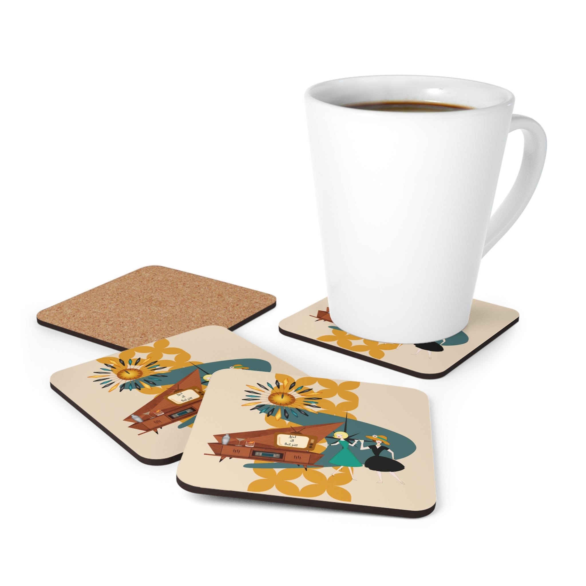 Mid Century Modern Modern Gals, Lesbian Couple Gifts, Breeze Block Kitschy Cocktail Hour Corkwood Coaster Set - Mid Century Modern Gal