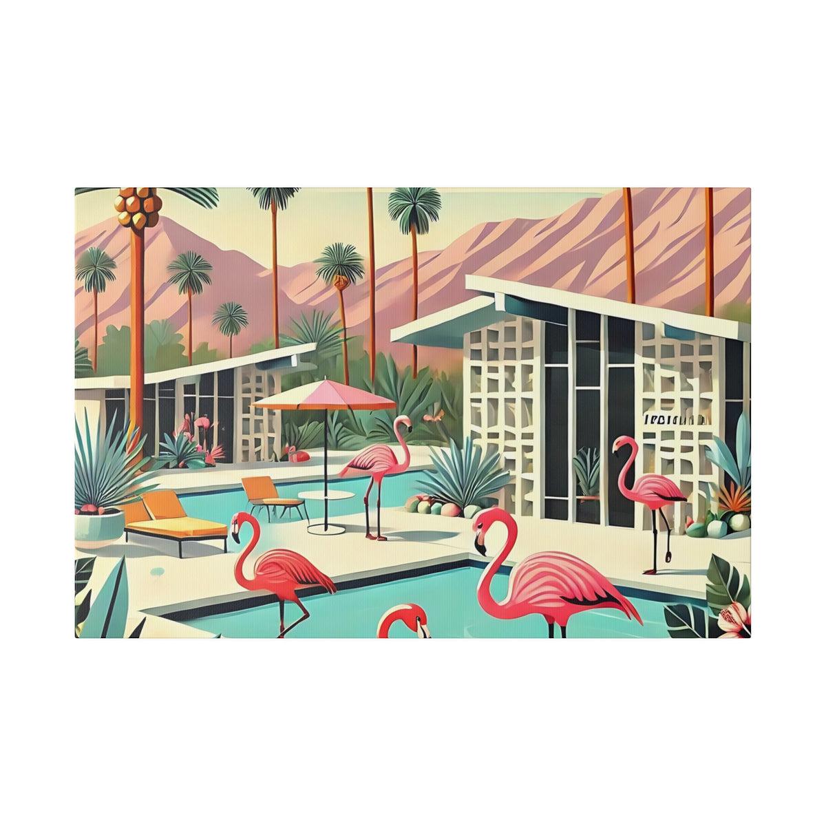 Mid-century modern wall art featuring pink flamingos by a poolside in a Palm Springs setting with retro architecture.