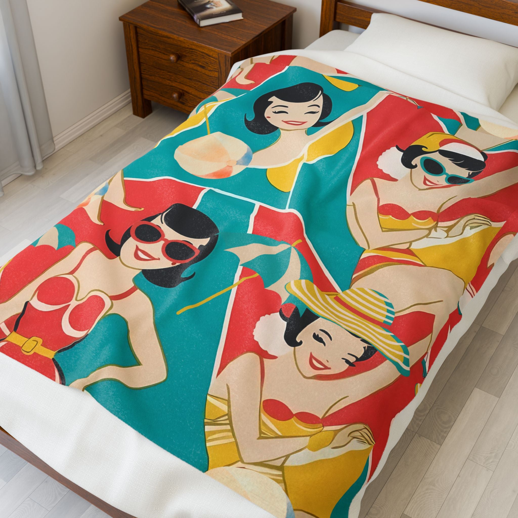 Summer Mod Retro Beach Babe Vintage Girls Thin Lightweight Velveteen Plush Blanket - Mid Century Modern Gal