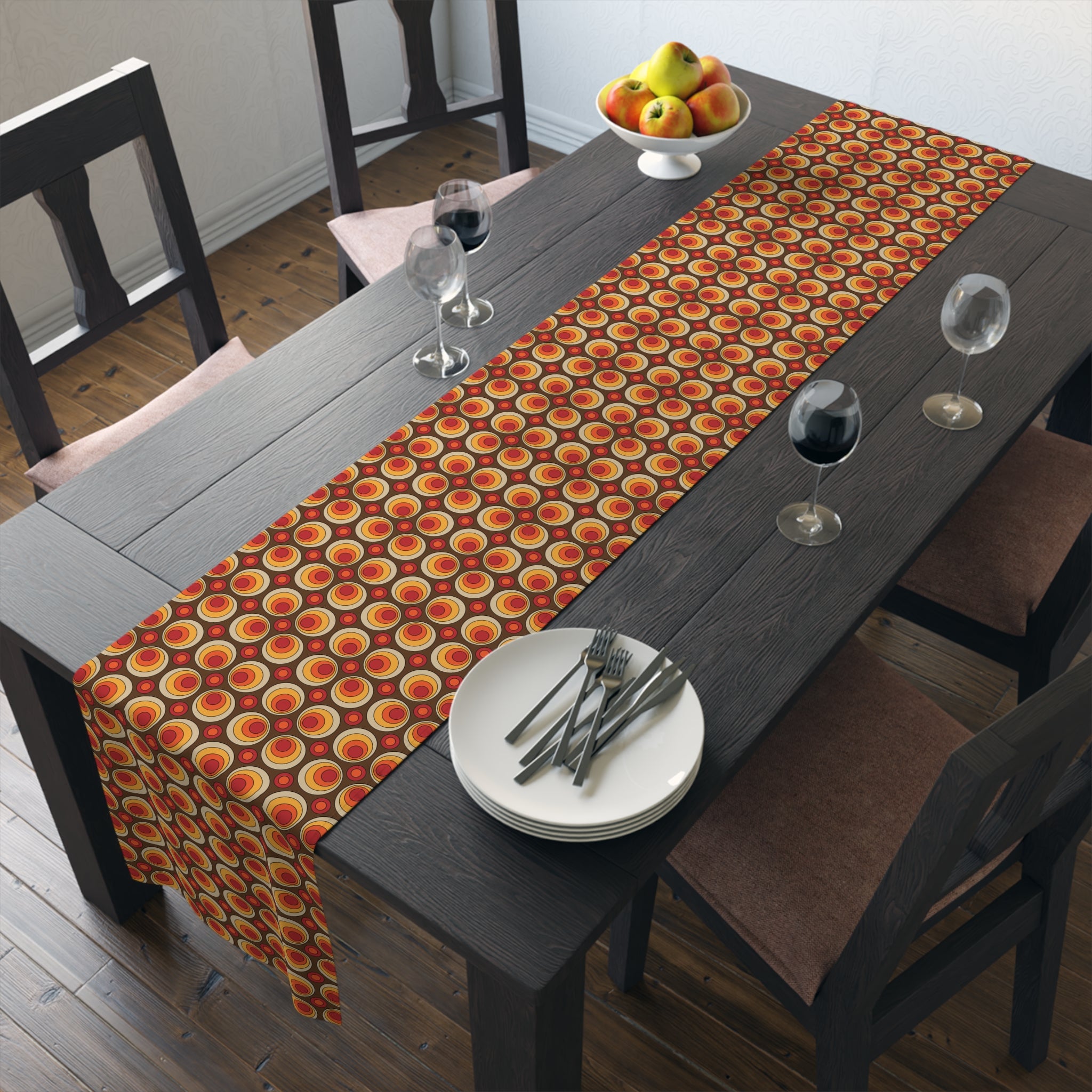 Retro Orbs, Orange Brown Yellow Groovy Geometric Mid Mod Table Runner - Mid Century Modern Gal