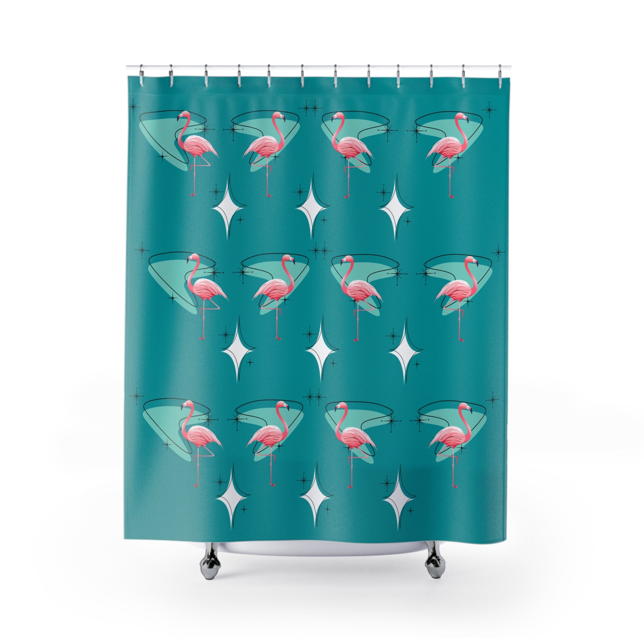 50s Palm Springs Cali Flamingo Shower Curtain In Teal And Pink Boomerang - Mid Century Modern Gal
