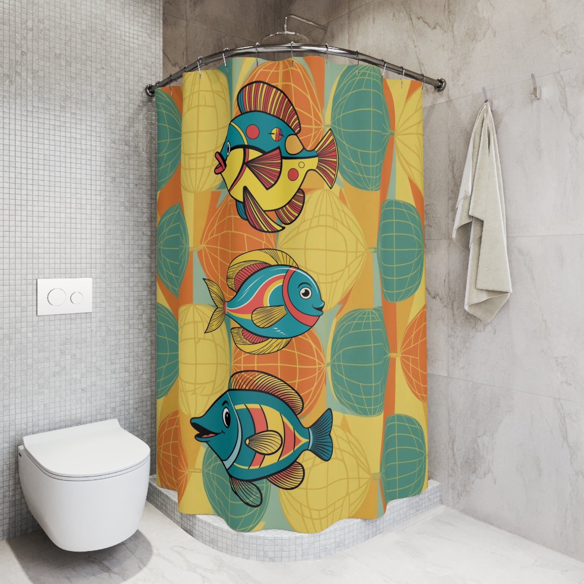 Mid Century Modern Fish Artm Colorful Fish Shower Curtain – Fun Marine Decor for Bathrooms - Mid Century Modern Gal