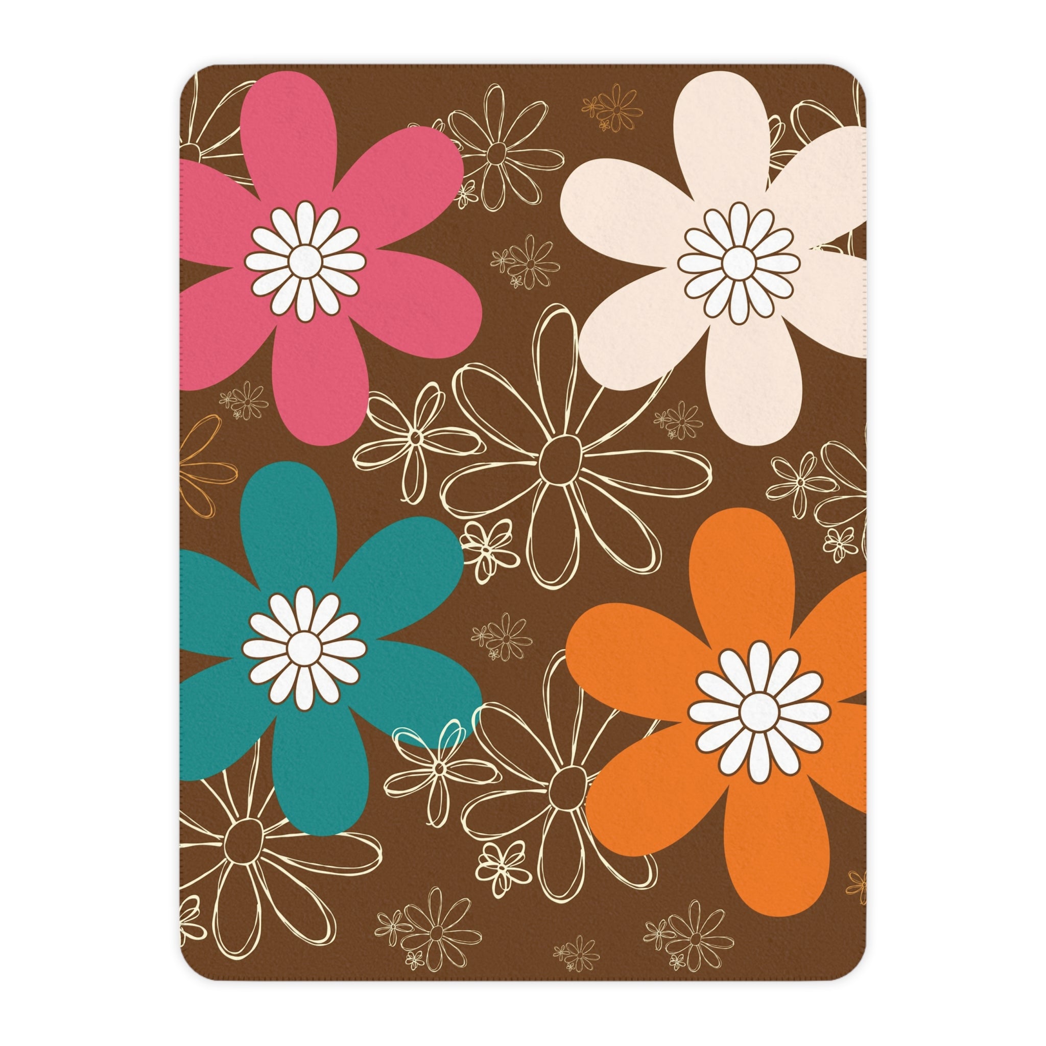 Retro Flower Power Brown, Orange Teal Pink Mid Mod Cozy Floral Tan Sherpa Blanket for Home & Gifts - Mid Century Modern Gal