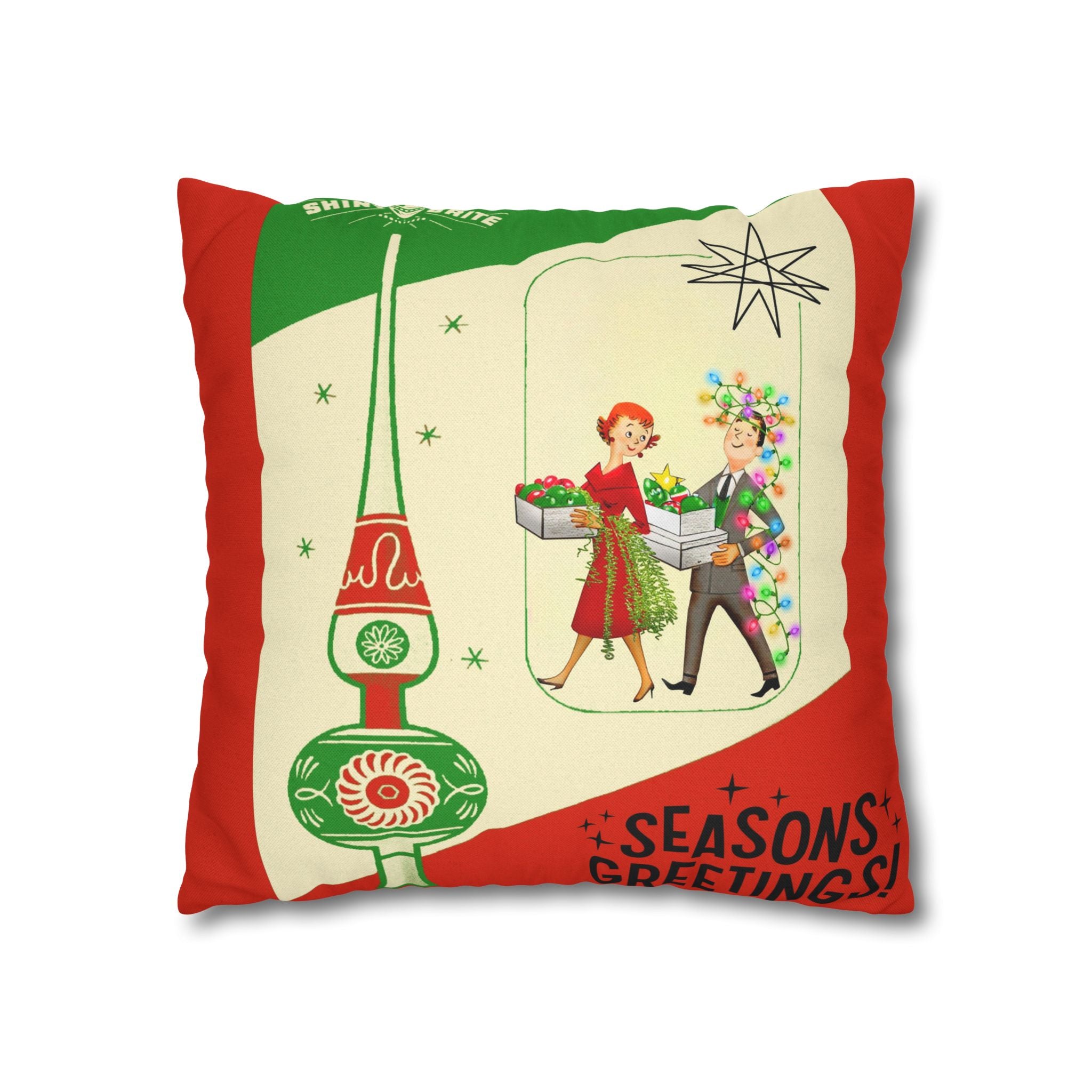 Shiny Brite Holiday Pillow Cover, Mid Century Modern Kitschy Couple Season Greetings - Mid Century Modern Gal