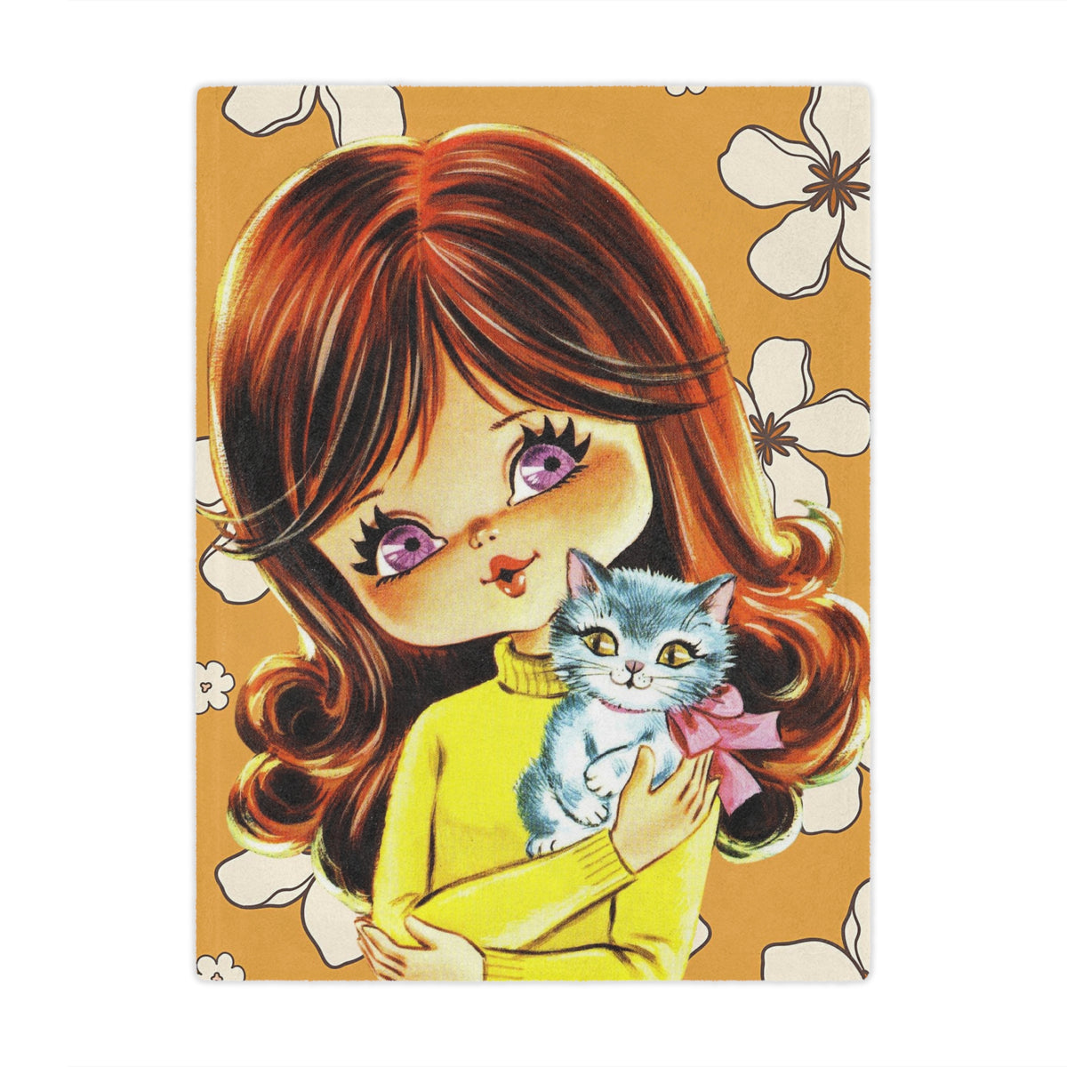 70's Flower Power Pillow, Big Eyed Girl, Violet, Brown Reddish Auburn Hair, Sweet Days Of the 70's, Kitschy Kittie Cat, Retro Minky Blanket - Mid Century Modern Gal