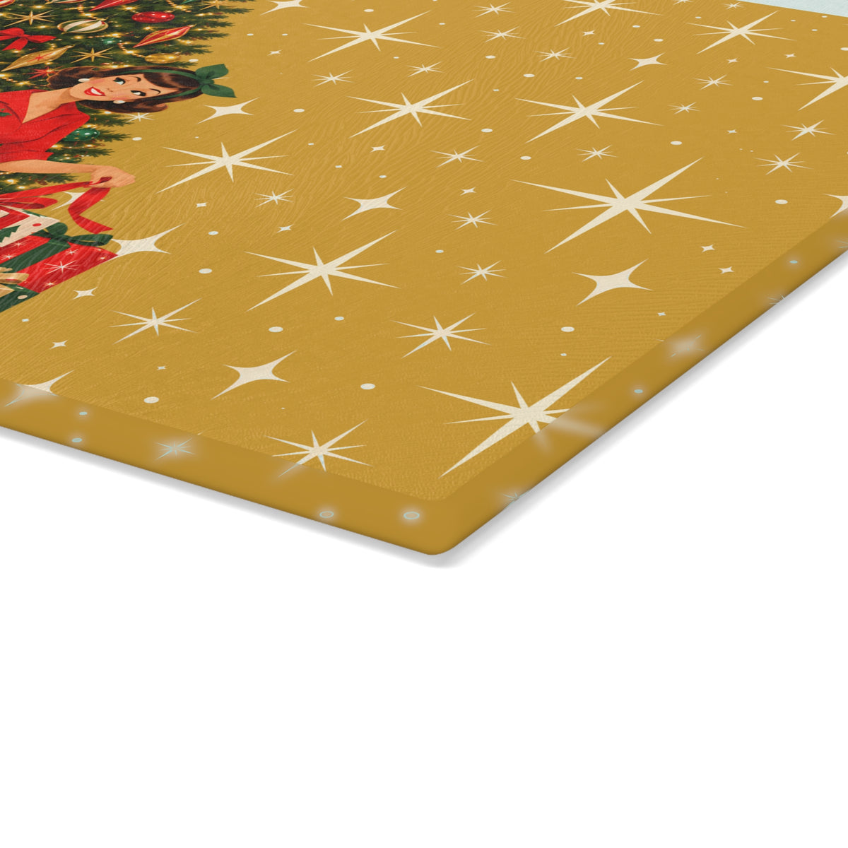 Mid Century Modern Christmas Glamour Gal Wrapping Presents by Tree, Gold Atomic Starbursts Glass Cutting Board