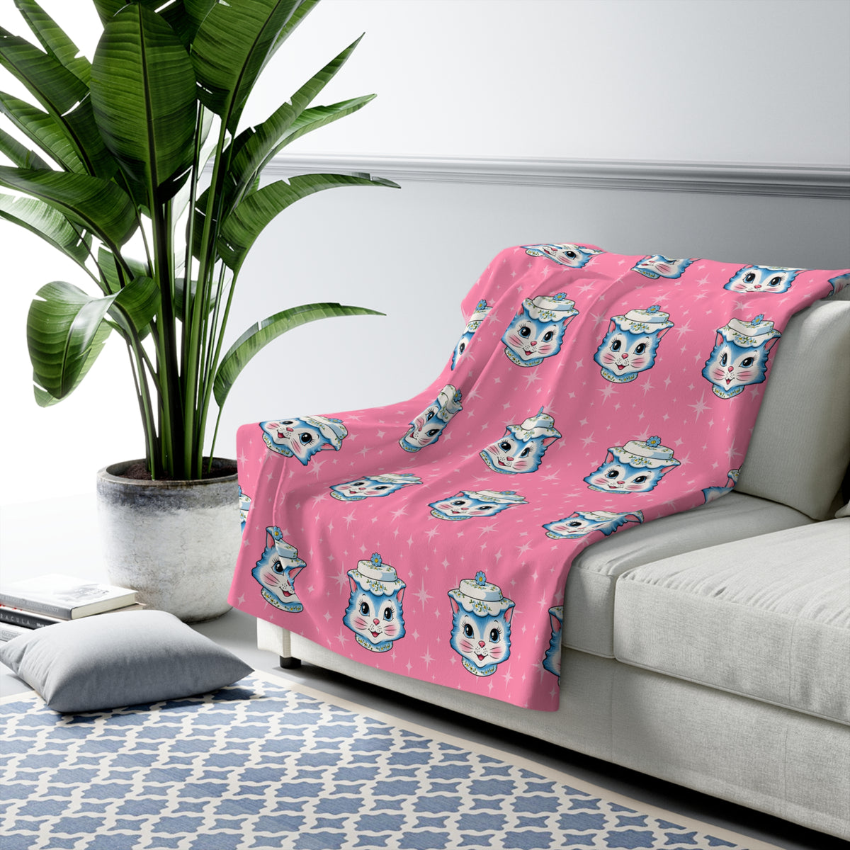 Mid Century Modern Kitschy Anthropomorphic Blue Cat with Floral Hat Sherpa Fleece Blanket - Mid Century Modern Gal