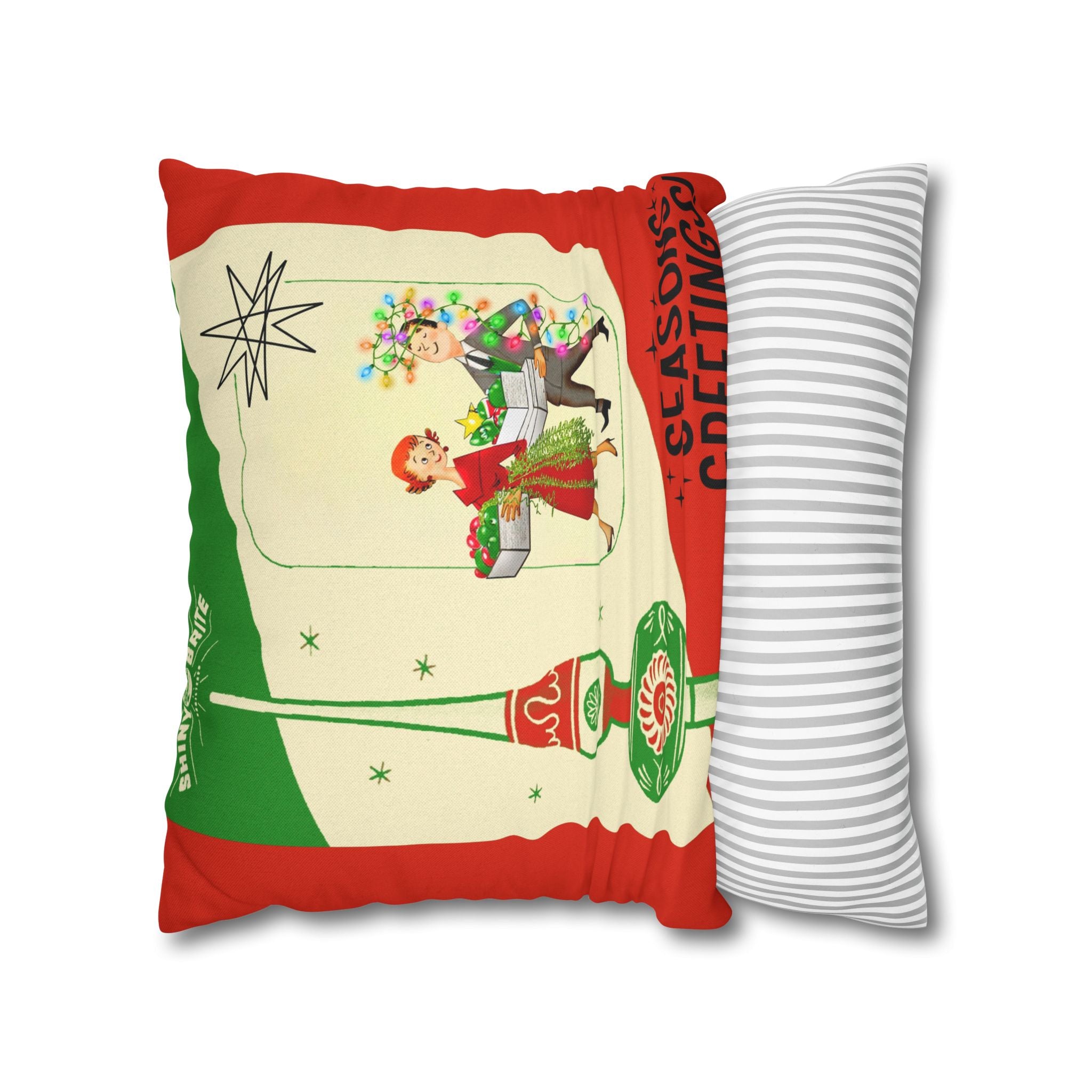 Shiny Brite Holiday Pillow Cover, Mid Century Modern Kitschy Couple Season Greetings - Mid Century Modern Gal