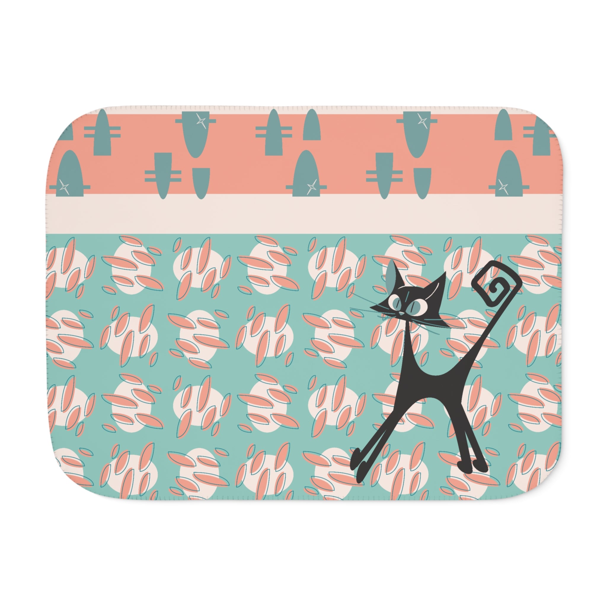 Mid Century Modern Atomic Cat Coral, Aqua Blue, Mid Mod Throw Blanket - Mid Century Modern Gal