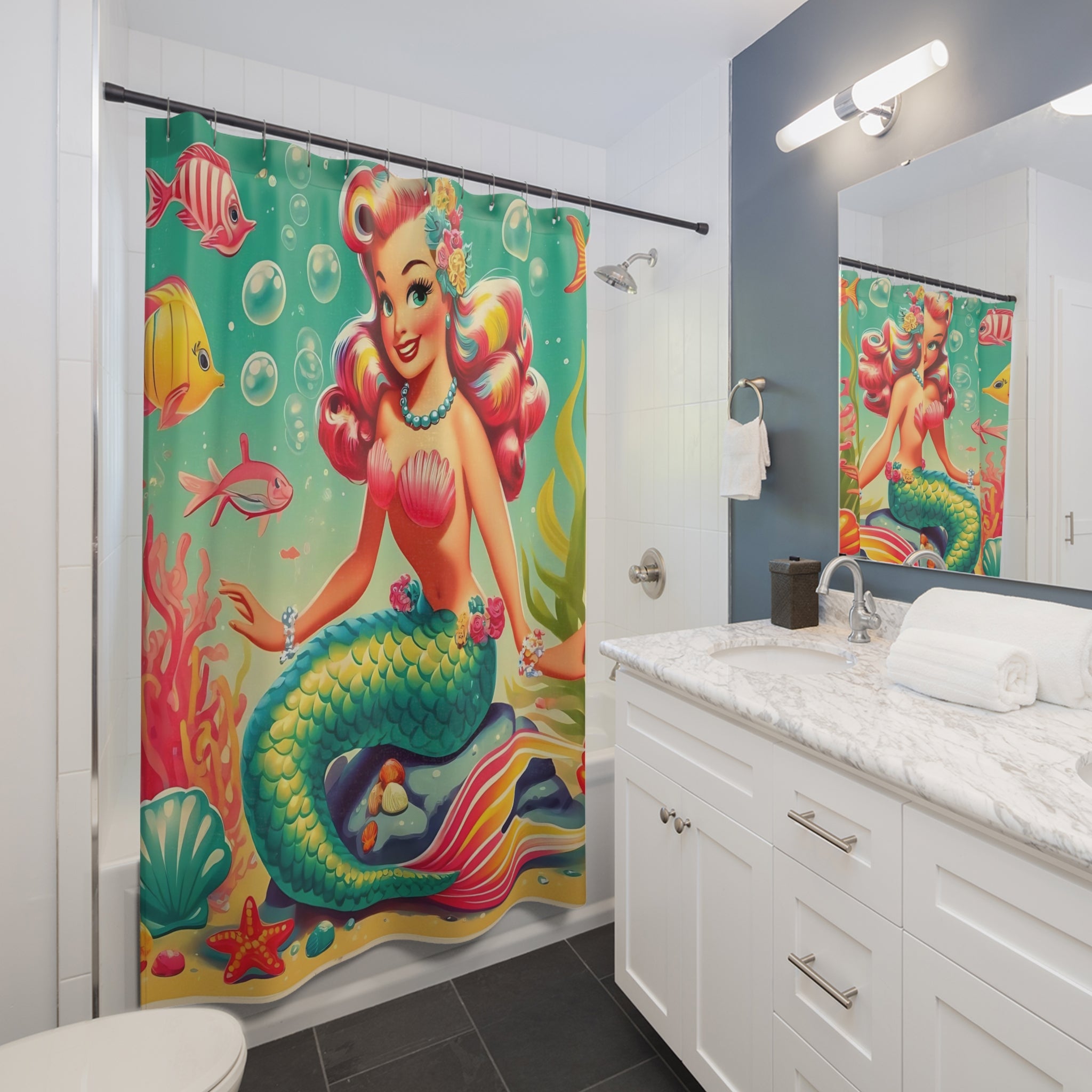 Whimsical Mermaid, Kitschy 50s Colorful Fun MCM Shower Curtain - Mid Century Modern Gal