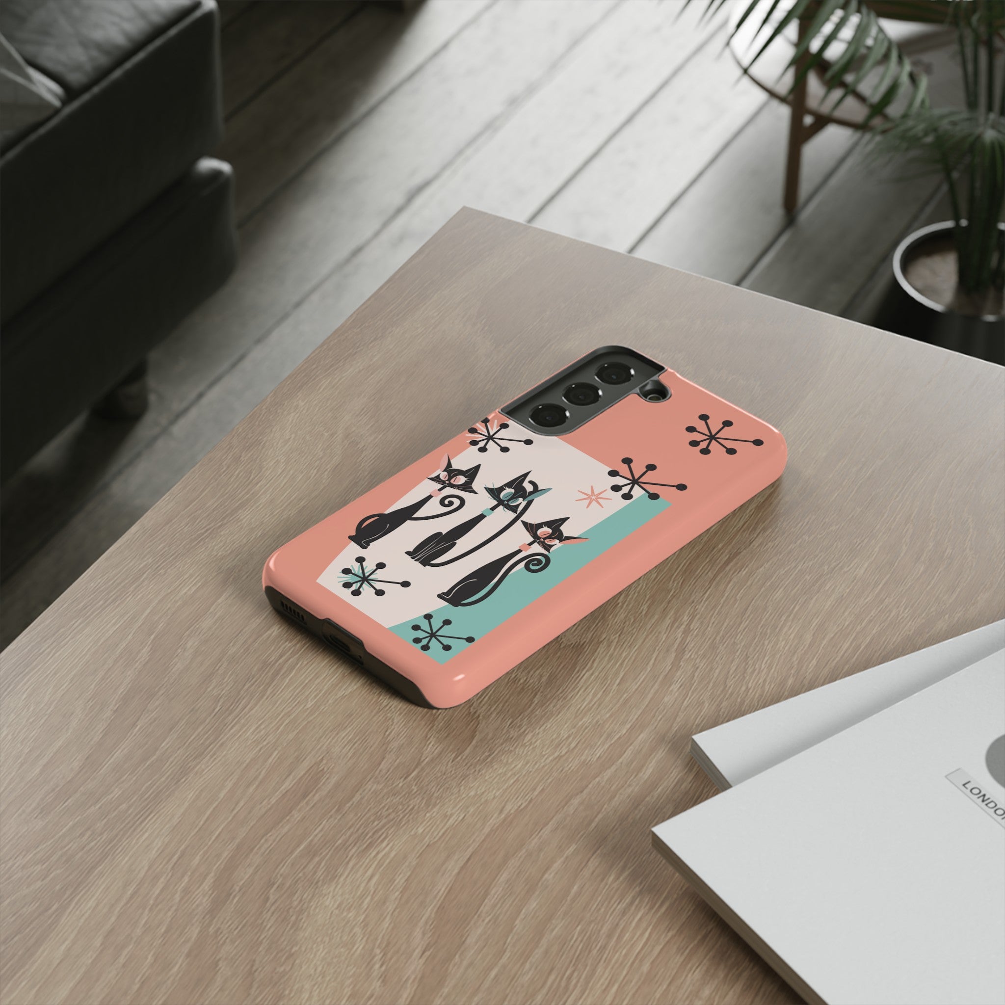 Atomic Cat Mid Mod Coral Aqua Blue Starburst Kitschy Fun Chic Samsung, Smart Phones Tough Cases - Mid Century Modern Gal