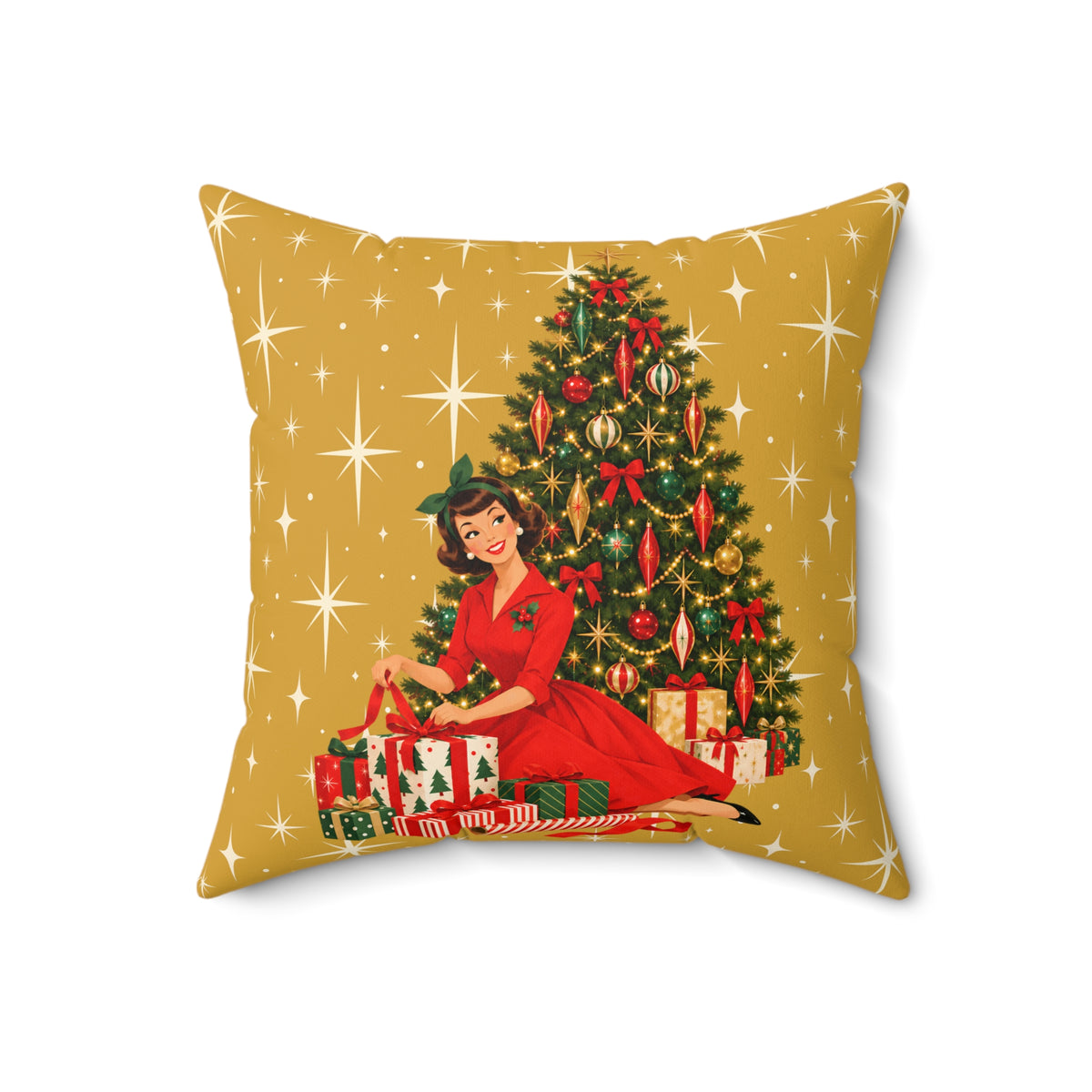 Mid Century Modern Christmas Glamour Gal Wrapping Presents by Tree, Gold Atomic Starbursts Pillow Cover and Insert - Mid Century Modern Gal