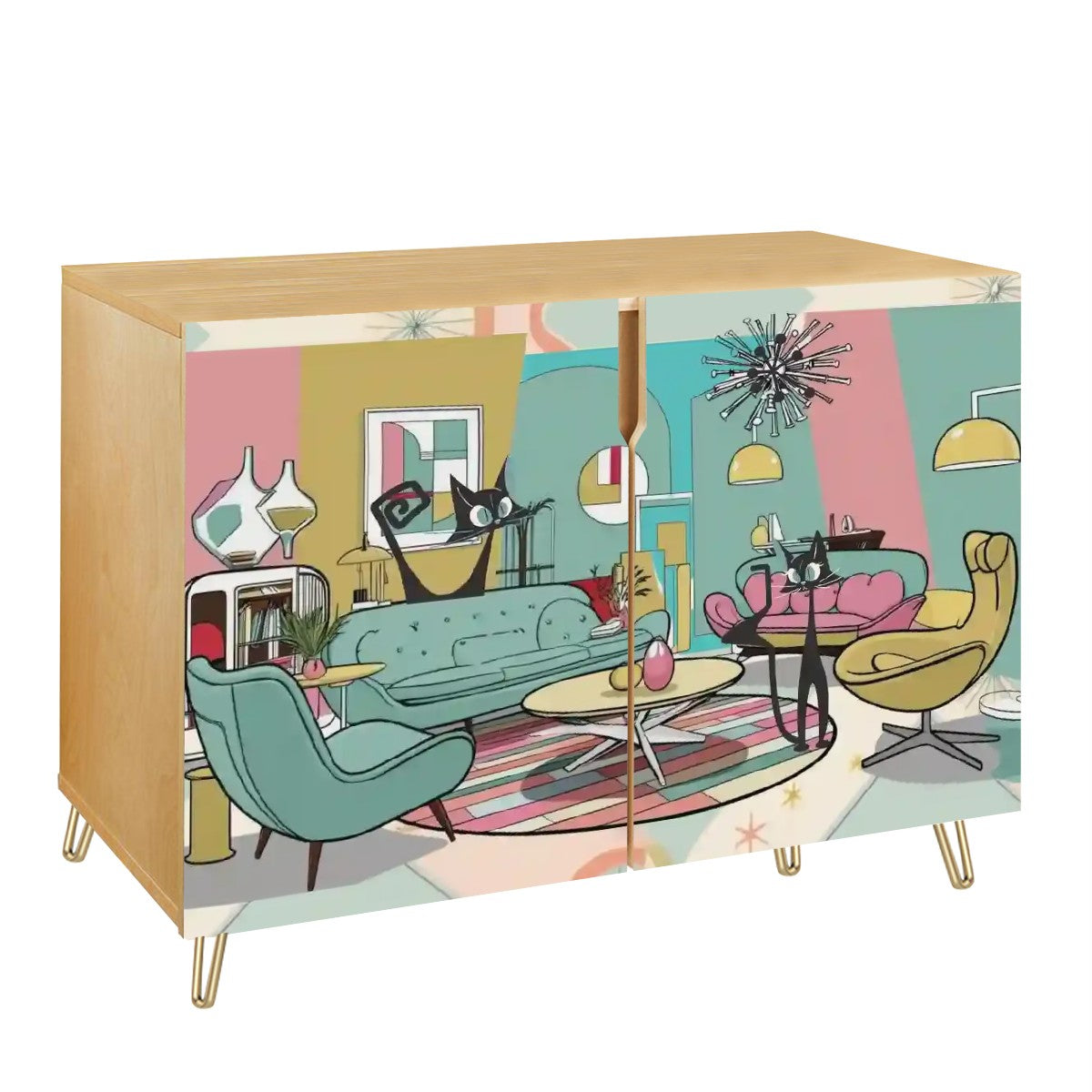 Mid Century Modern Kitschy Atomic Cats, Mod Livingroom, Credenza, TV MCM Barware Wooden Storage Cabinet - Mid Century Modern Gal