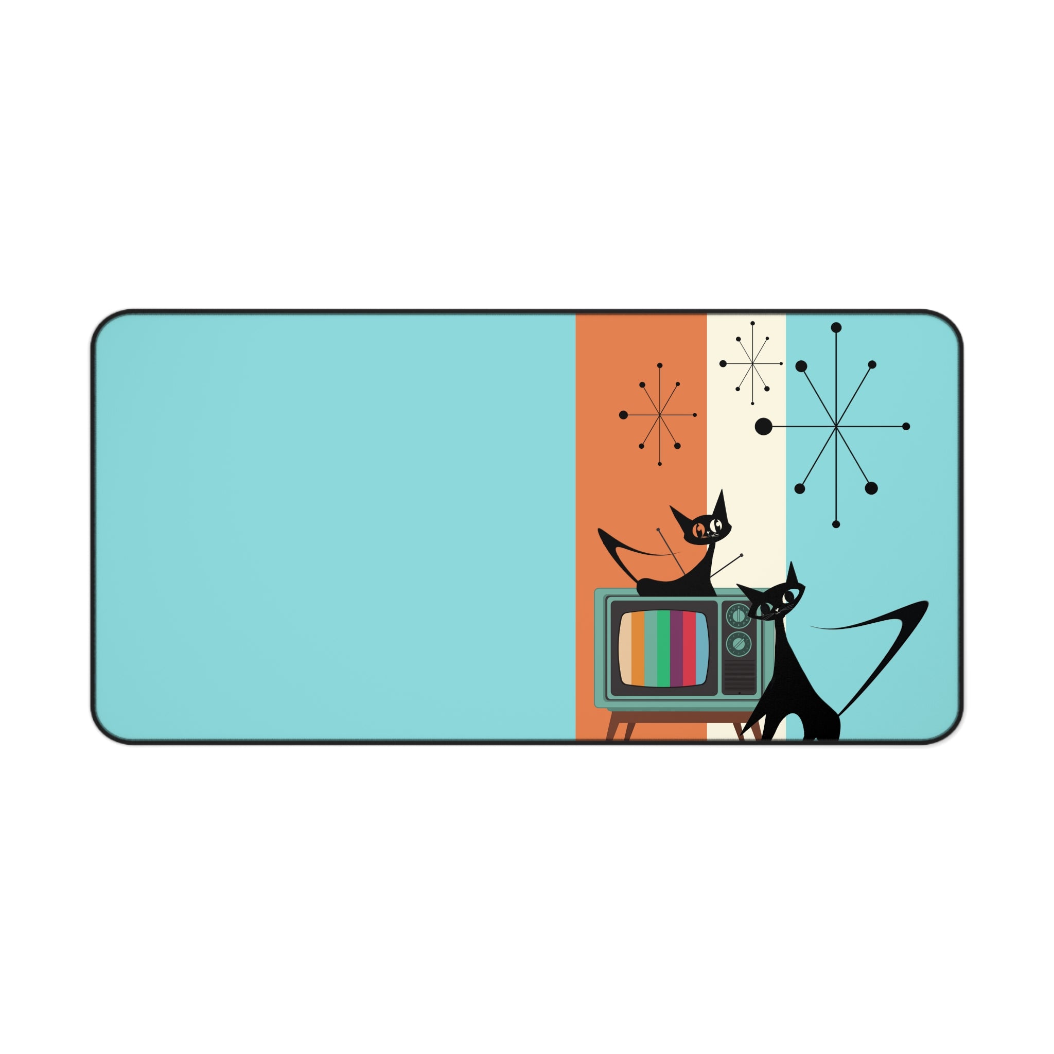 Atomic Cat, Aqua, Retro Mid Mod, Starburst, Orange, Cool Mid Century Modern Desk Mat - Mid Century Modern Gal