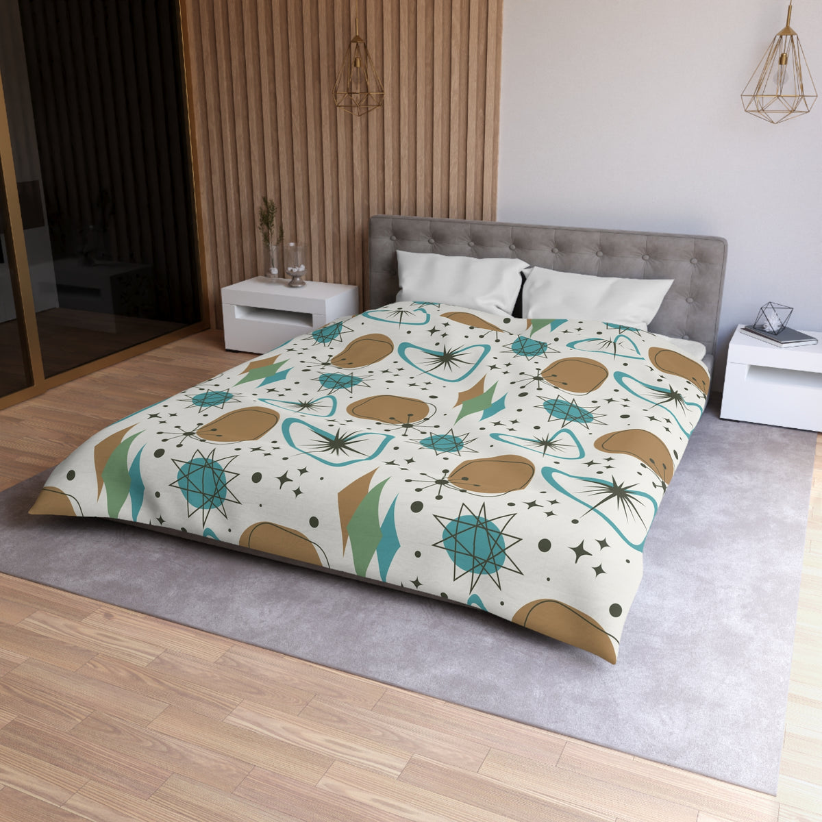 Mid Century Modern Franciscan Starburst Camel Brown, Beige Teal Starburst Retro-Modern Duvet Cover - Mid Century Modern Gal