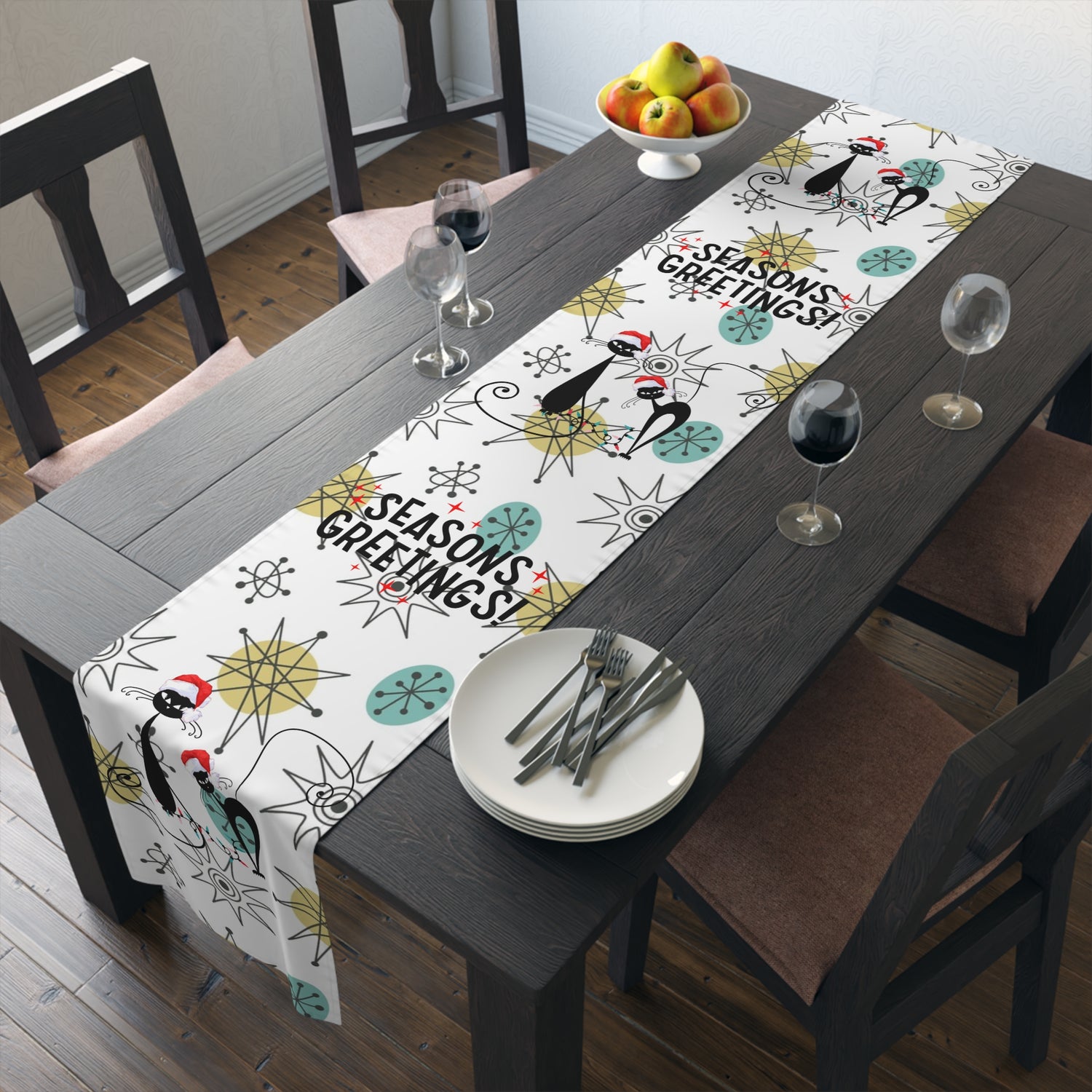 Mid Century Modern Franciscan Starburst, Kitschy 50s Atomic Cat Season Greetings Holiday Table Runner - Mid Century Modern Gal