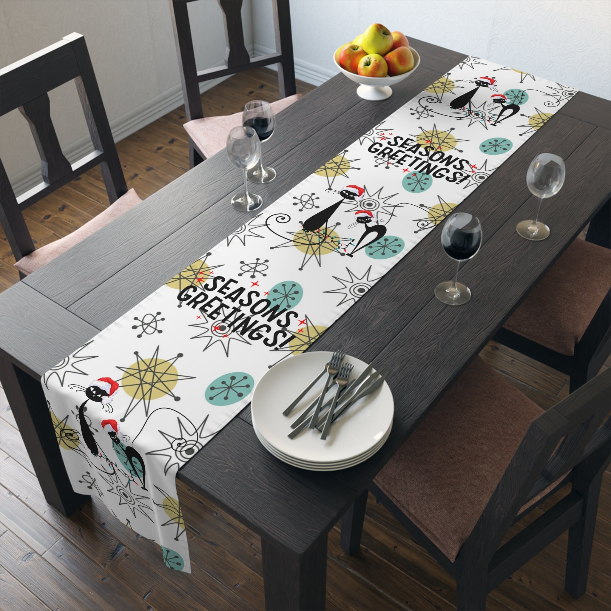 Mid Century Modern Franciscan Starburst, Kitschy 50s Atomic Cat Season Greetings Holiday Table Runner - Mid Century Modern Gal