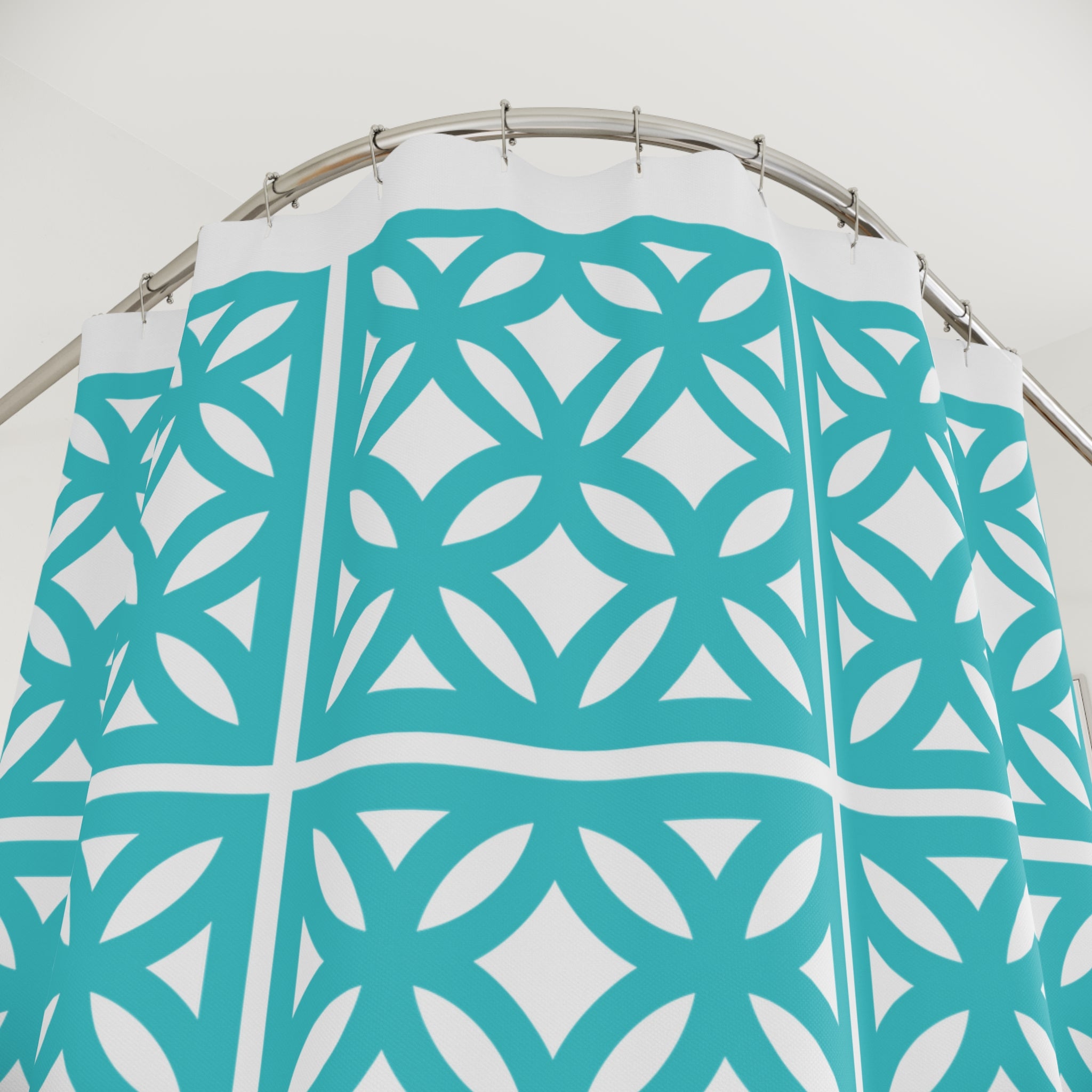 Mid Century Modern 50s Breezeblock Modern Geometric Shower Curtains, Aqua Blue Bath Decor - Mid Century Modern Gal