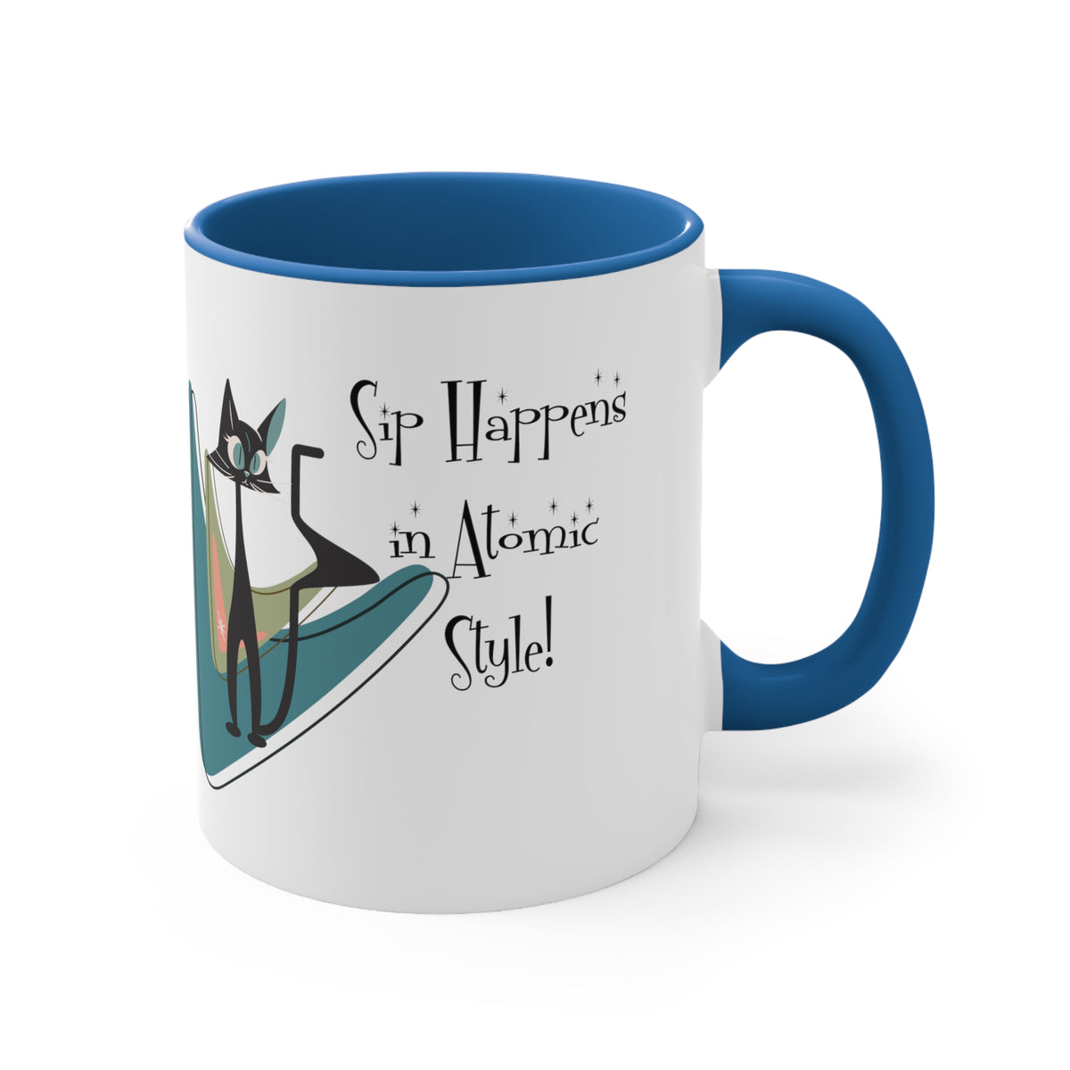 Atomic Cat, Mid Century Modern Drinkware, Coffee Mug, Sip Happens, Retro Boomerang, Kitschy Funny Coffee Lover Gifts - Mid Century Modern Gal
