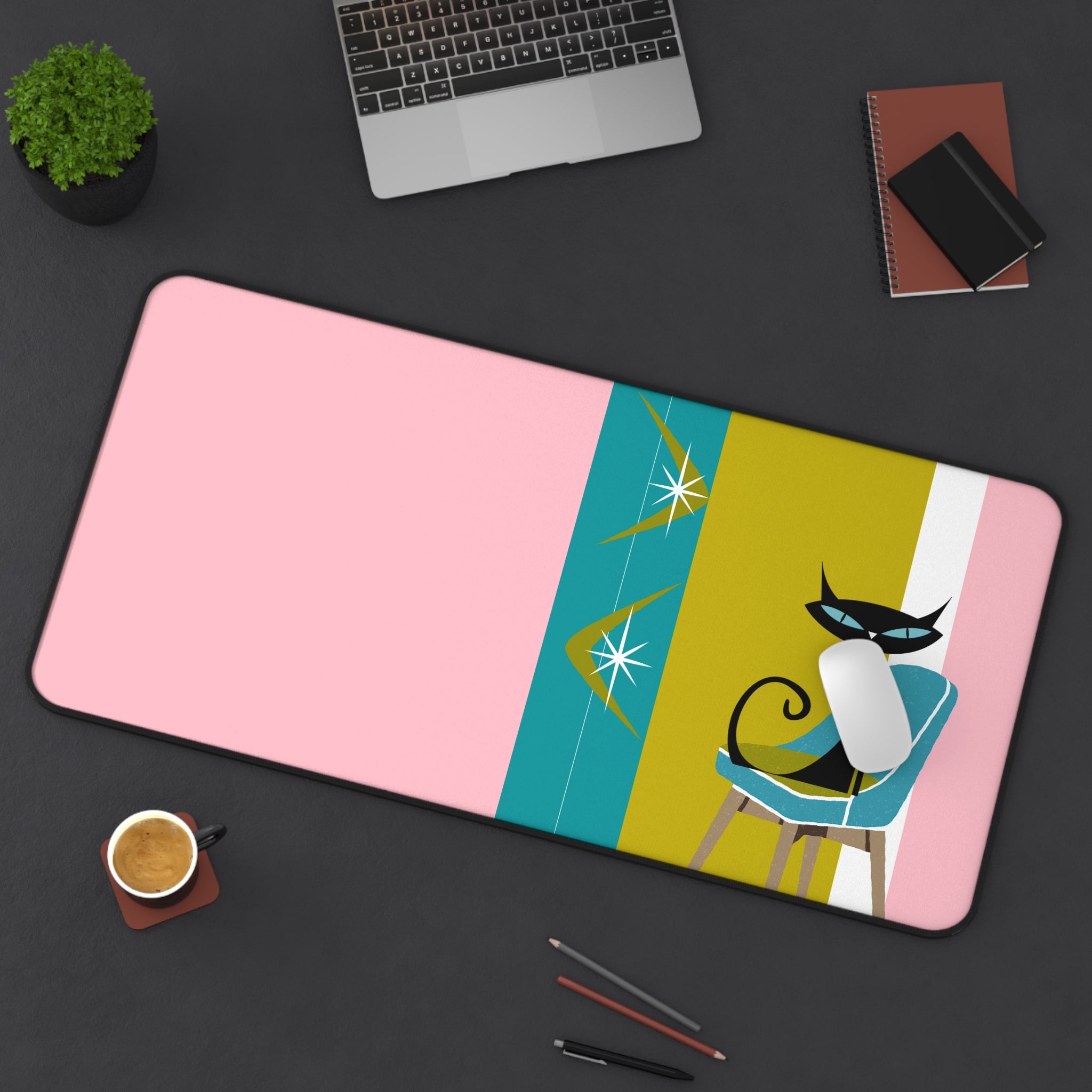 Atomic Cat Pink, Green, Teal Blue Retro Atomic Boomerang Desk Mat - Mid Century Modern Gal