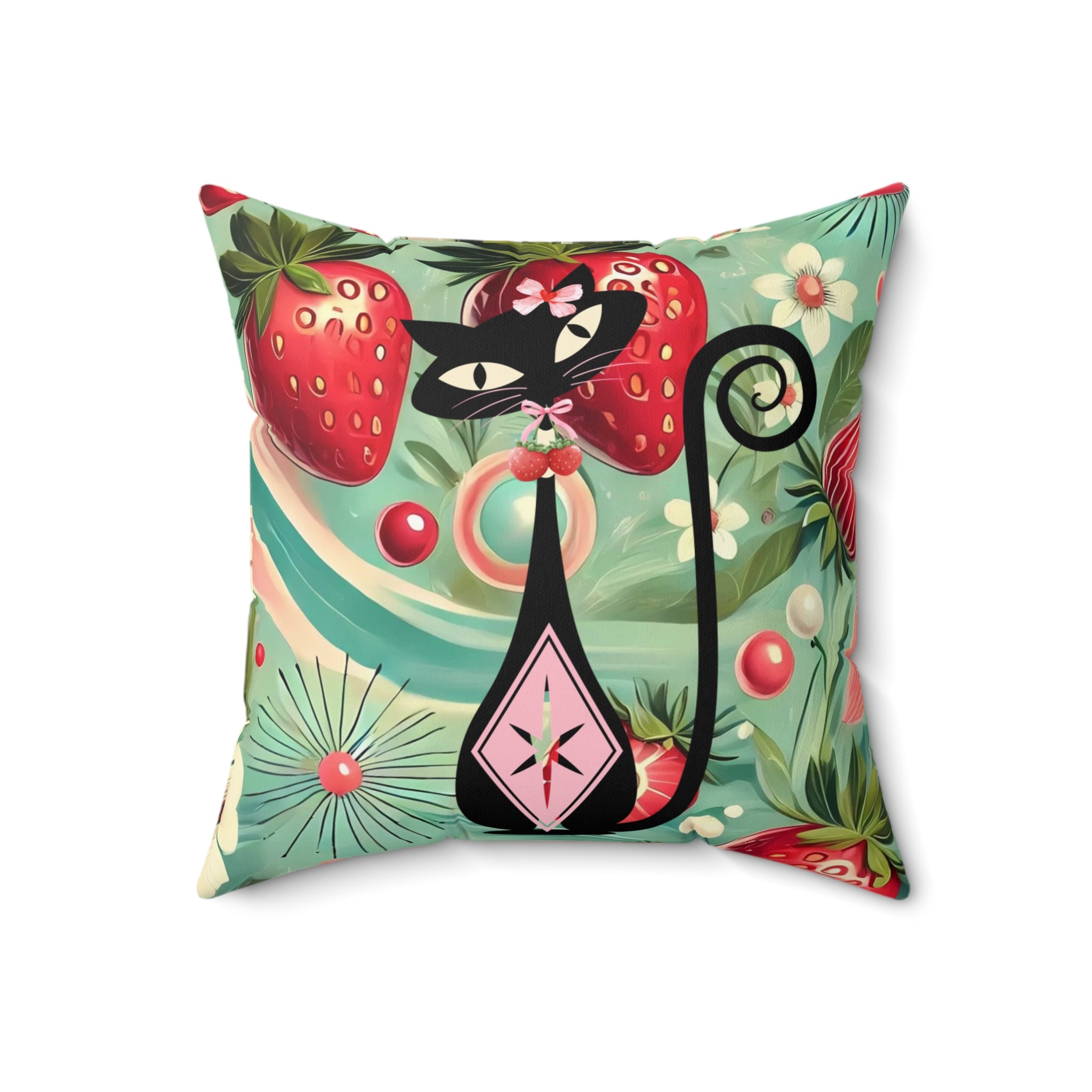 Whimsical Atomic Cat & Strawberry Decorative Pillow - Cozy Home Accent - Mid Century Modern Gal