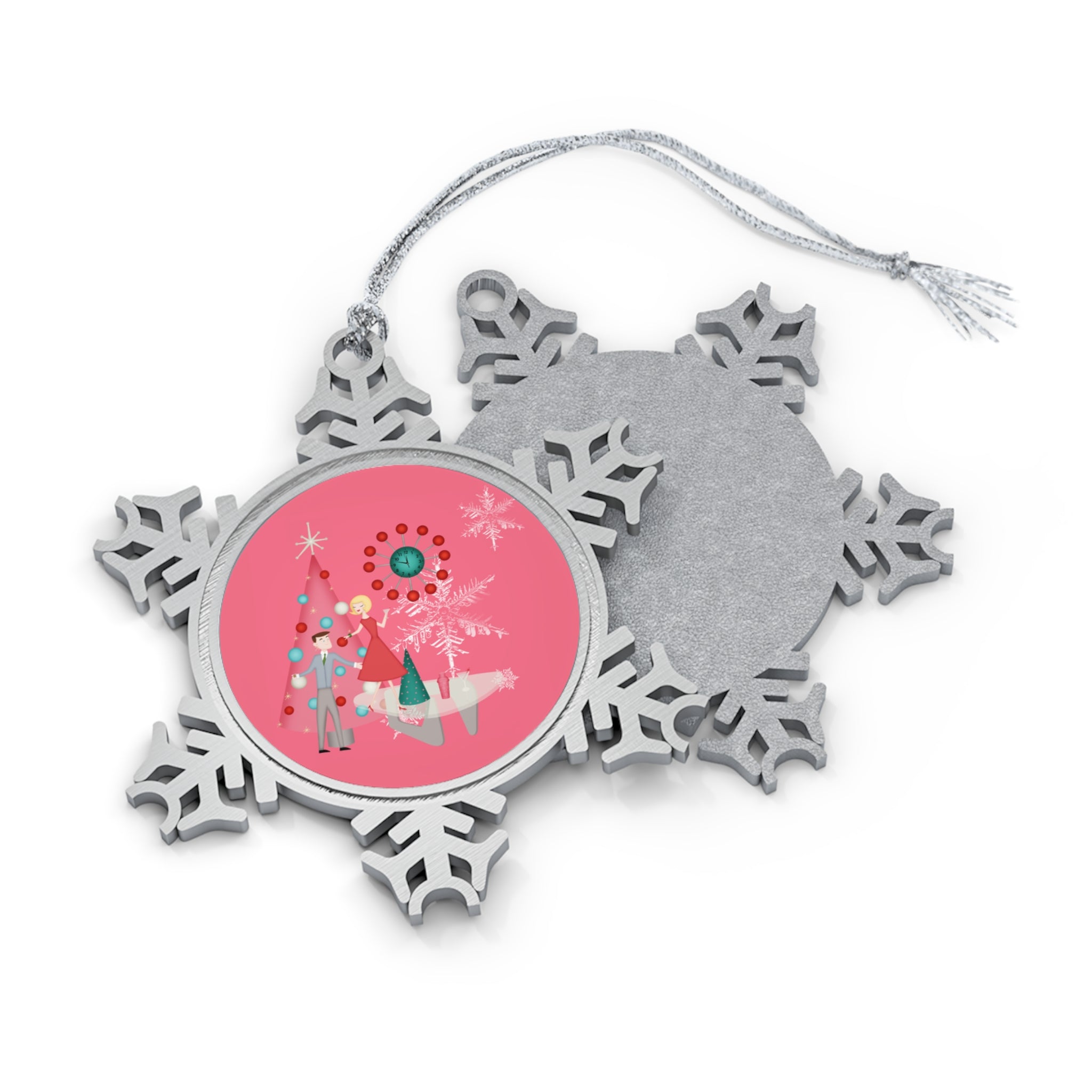 Pink Christmas Ornament Adorned With Kitschy Mod Couple, 50s Style Pewter Snowflake Ornament - Mid Century Modern Gal