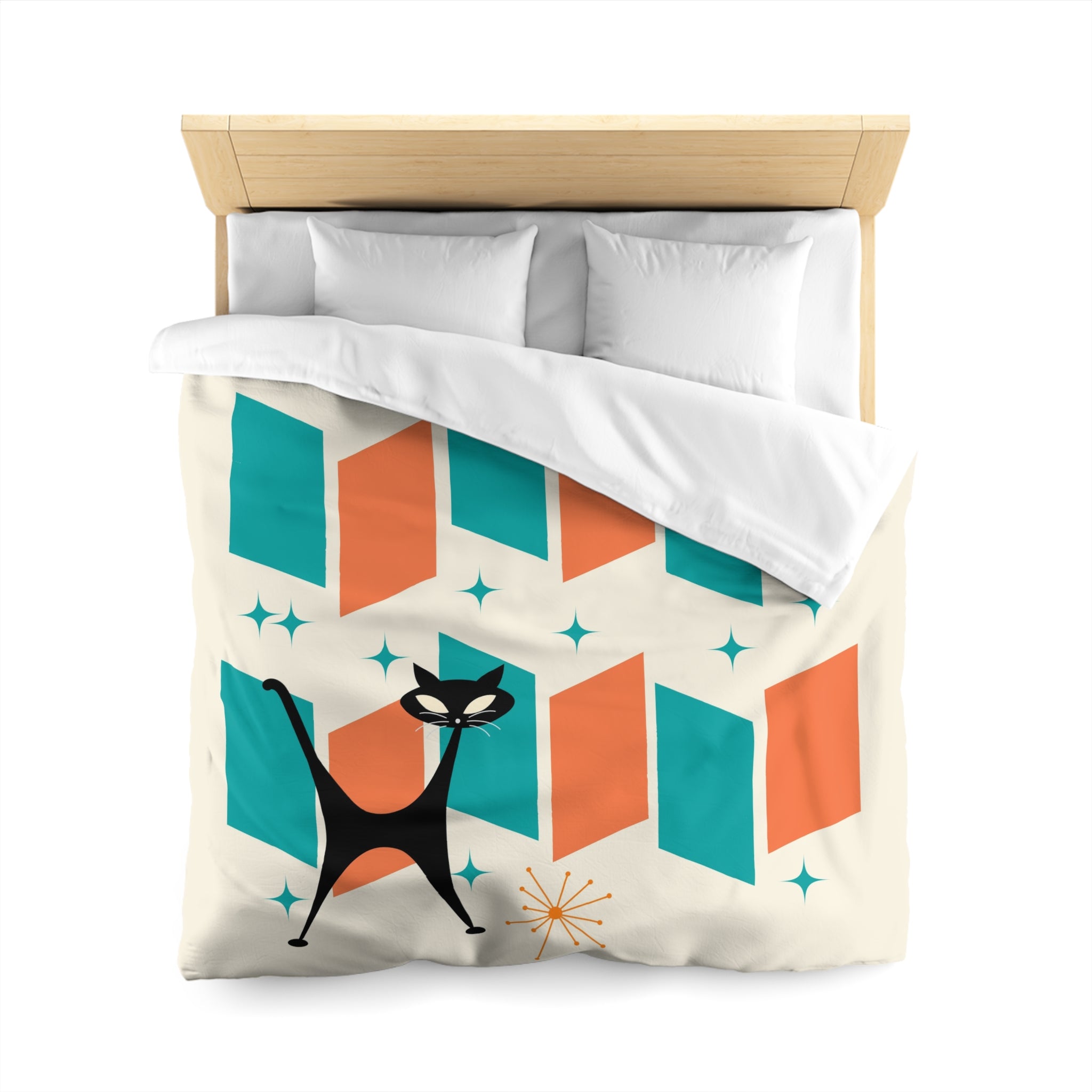 Mid Century Modern Orange, Teal, Retro Mod Duvet Cover With Atomic Cat Design - Mid Century Modern Gal