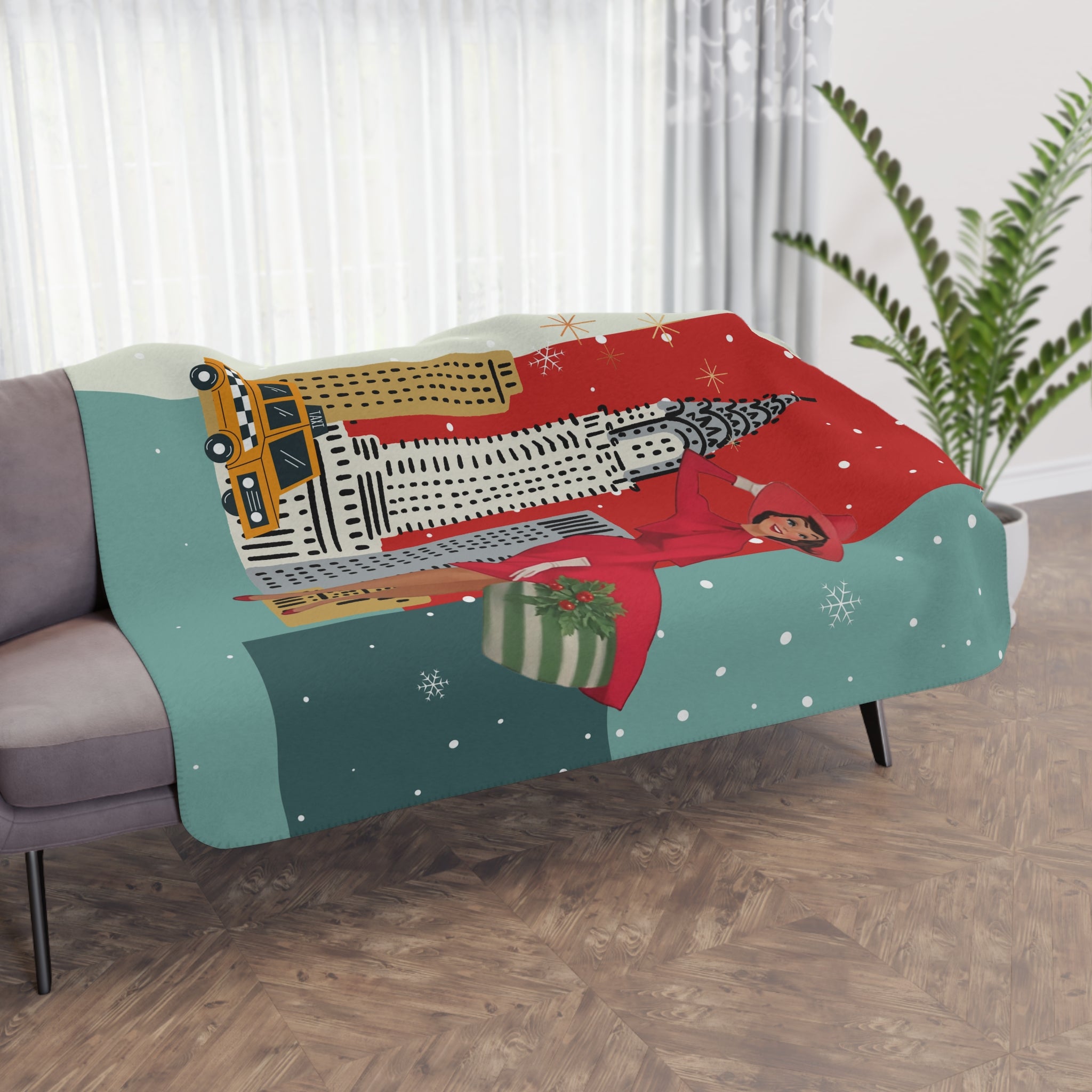 Mid Century Modern Christmas Kitsch Vintage New York Holiday Sherpa Blanket - Mid Century Modern Gal