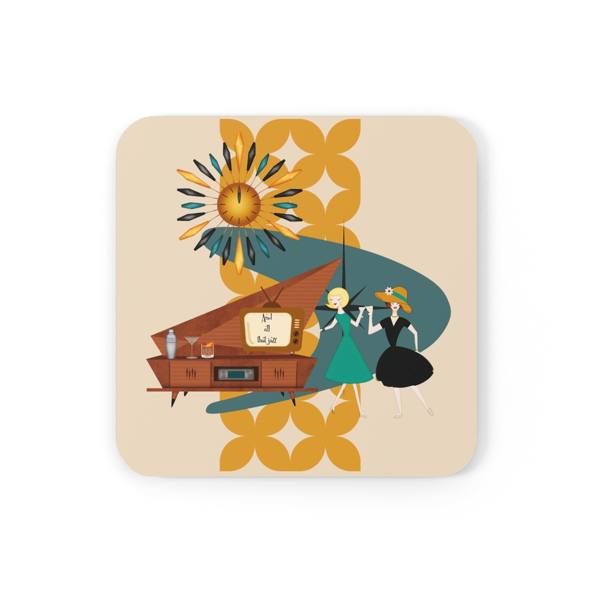Mid Century Modern Modern Gals, Lesbian Couple Gifts, Breeze Block Kitschy Cocktail Hour Corkwood Coaster Set - Mid Century Modern Gal