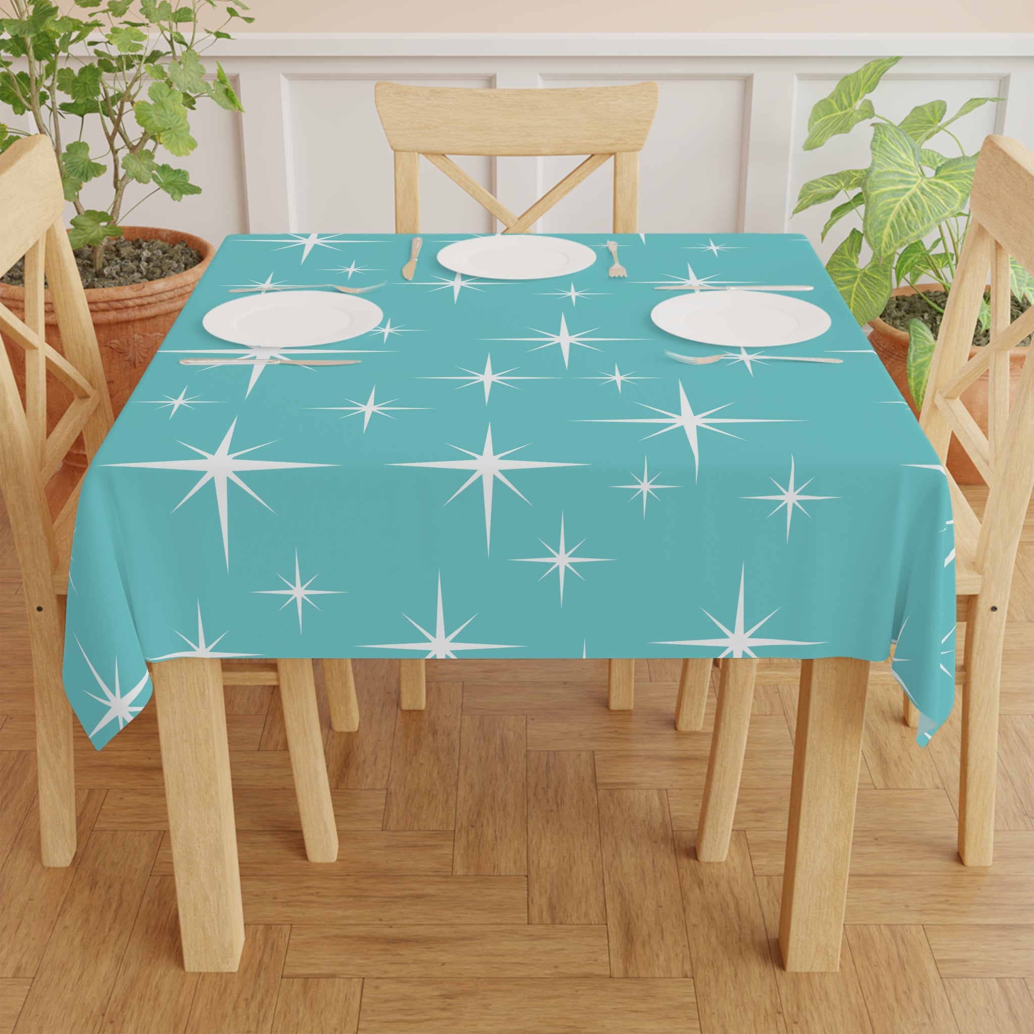Atomic Starburst Aqua Blue Mid Century Modern Tablecloth - Mid Century Modern Gal