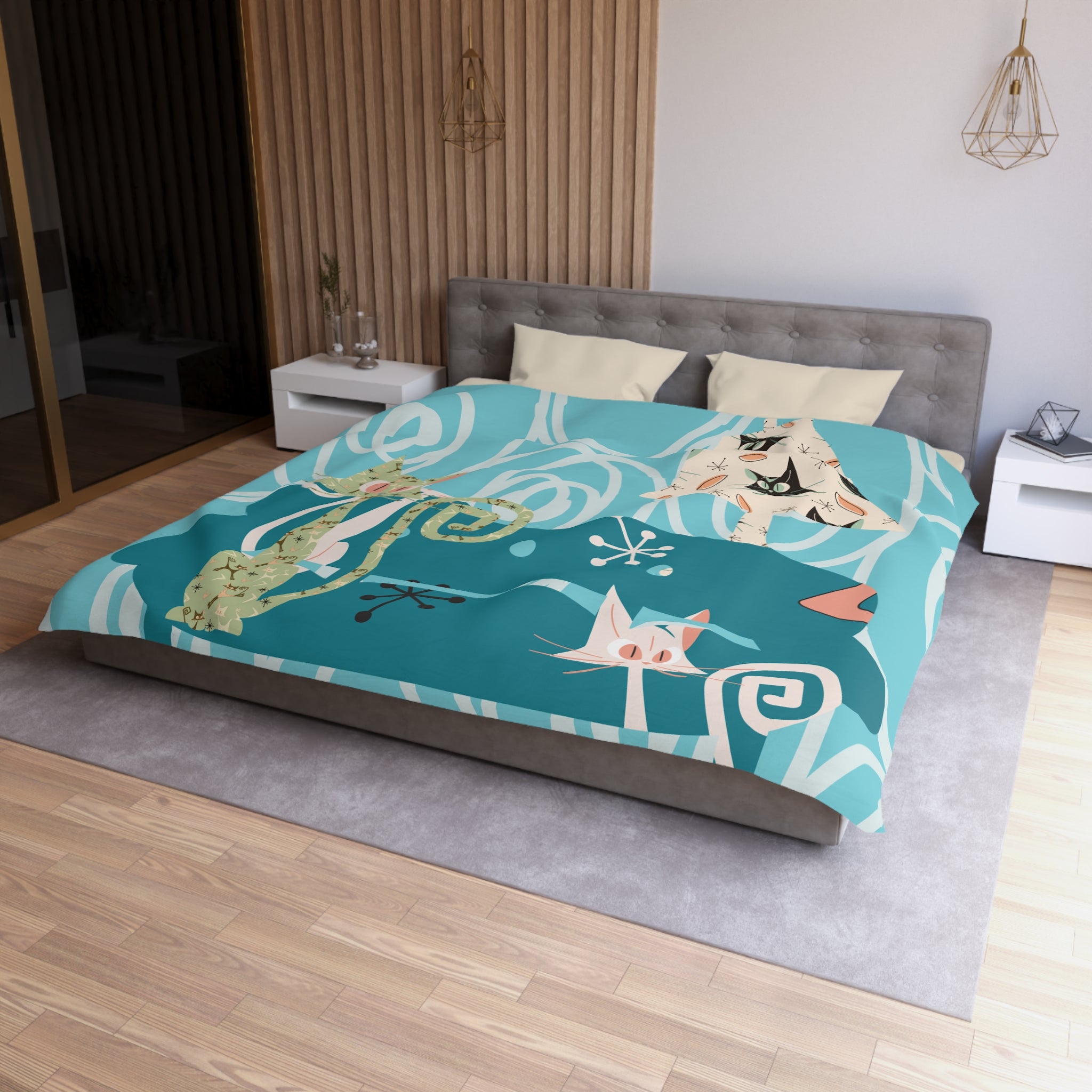 Atomic Cat Bedding, Mid Century Modern Style, Quirky, Whimsical Blue, Coral, Kitschy 50s Funky Fun MCM Duvet Cover - Mid Century Modern Gal