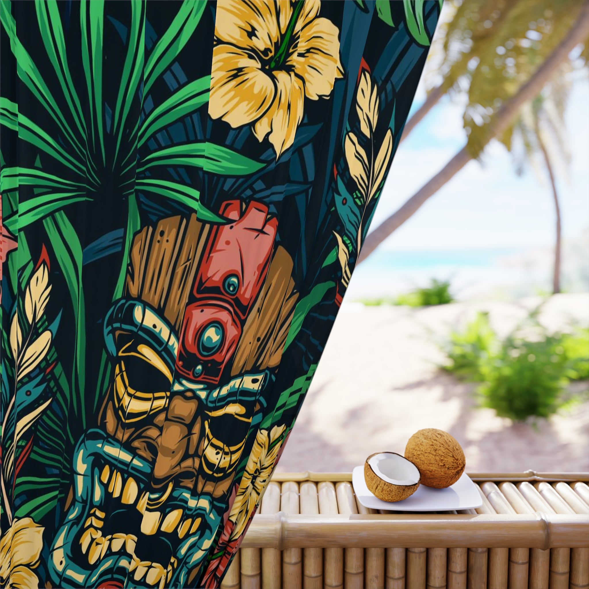 Tiki Idol Man Blackout Tropical Tiki Window Curtain - Vibrant Home Decor, Boho Style, Gift for Plant Lovers, Hawaiian Theme, Summer Vibes - Mid Century Modern Gal