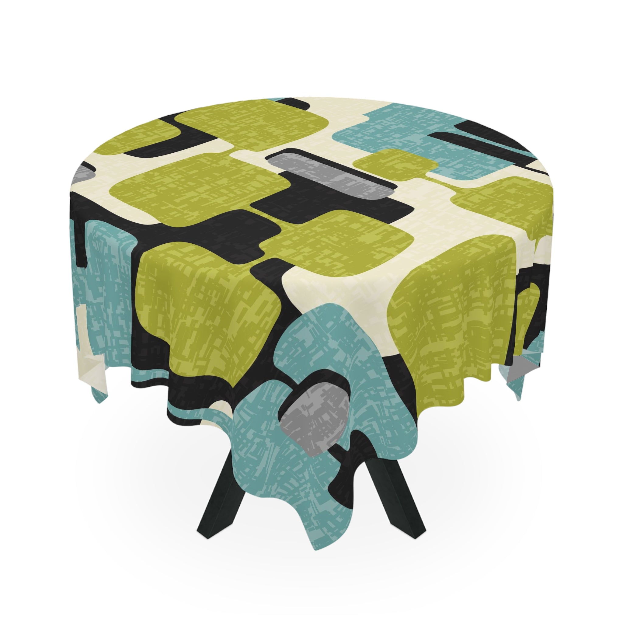 Mid Century Modern Geometric Green, Aqua Gray, Black, MCM Tablecloth - Mid Century Modern Gal