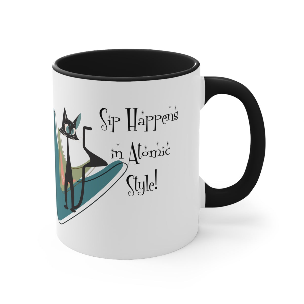 Atomic Cat, Mid Century Modern Drinkware, Coffee Mug, Sip Happens, Retro Boomerang, Kitschy Funny Coffee Lover Gifts - Mid Century Modern Gal