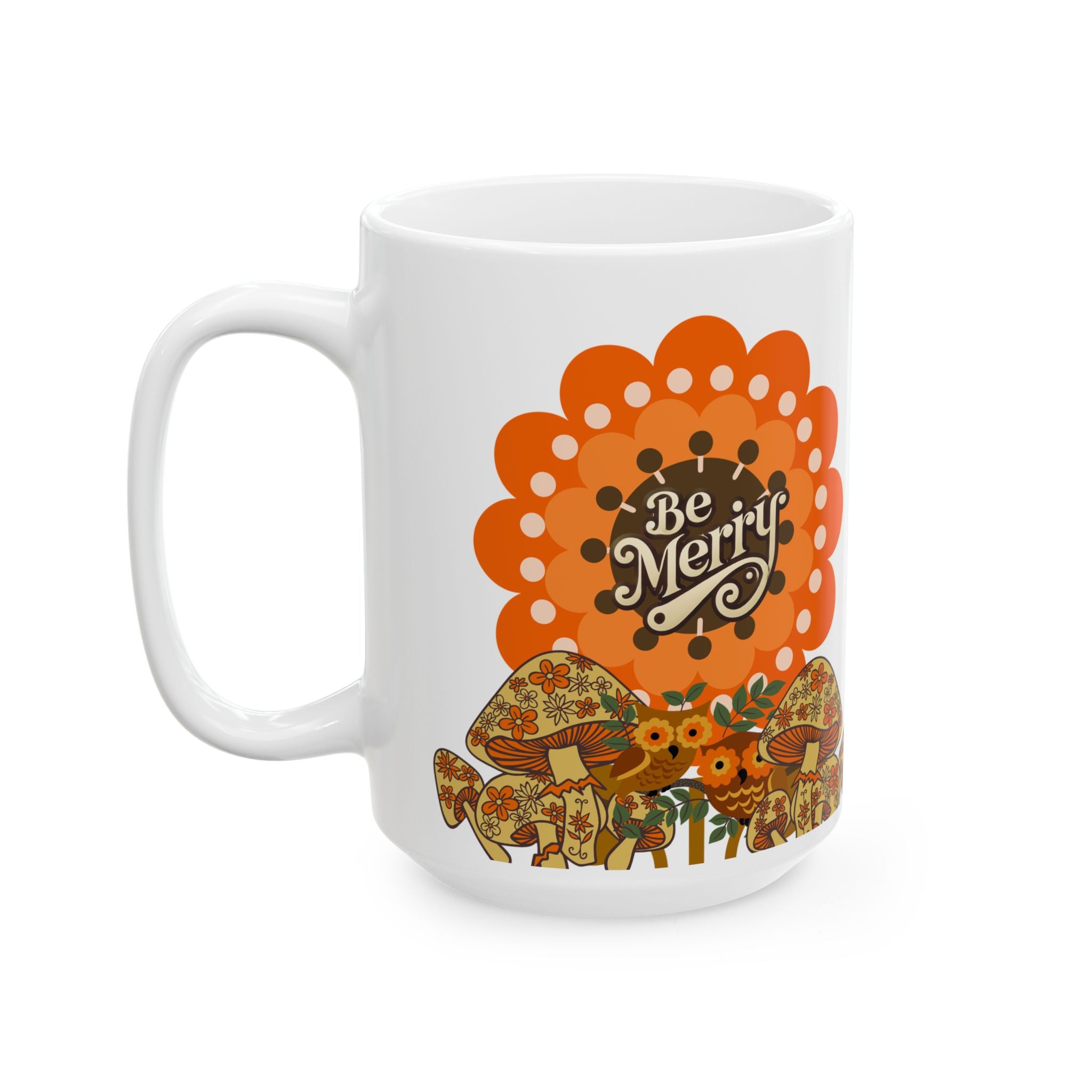 Sears Merry Mushroom, Be Merry 70s Flower Power Groovy Gal Whimsical Floral Ceramic Mug - Mid Century Modern Gal