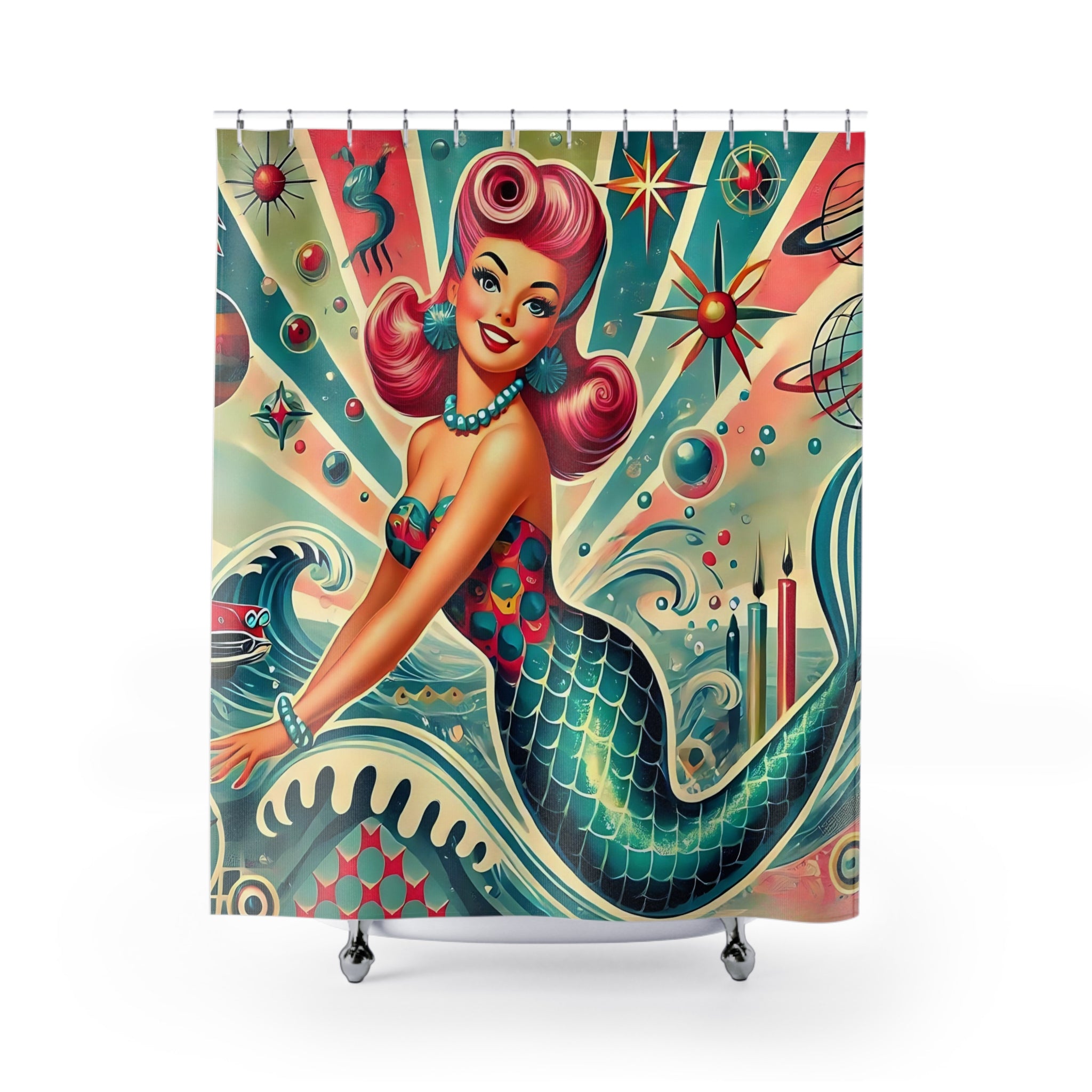 1950s Vintage Mermaid, Mid Century Modern Kitschy Shower Curtain - Mid Century Modern Gal