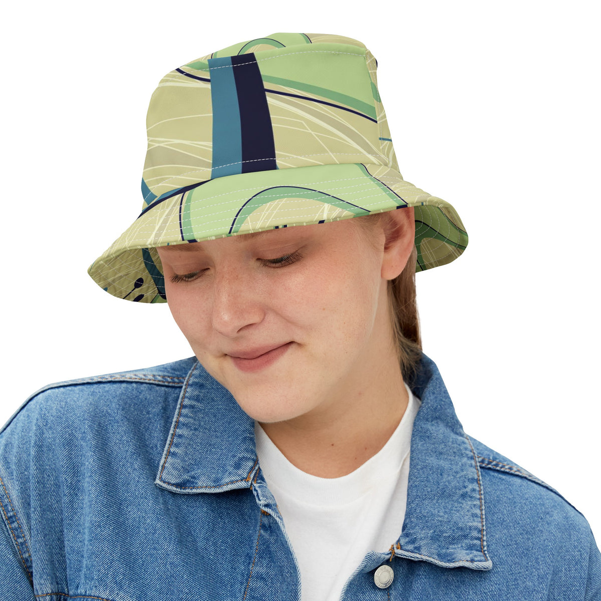 Atomic Space Retro Unisex Bucket Hat, Green, Blue Boomerang Starbursts Mod Hat - Mid Century Modern Gal