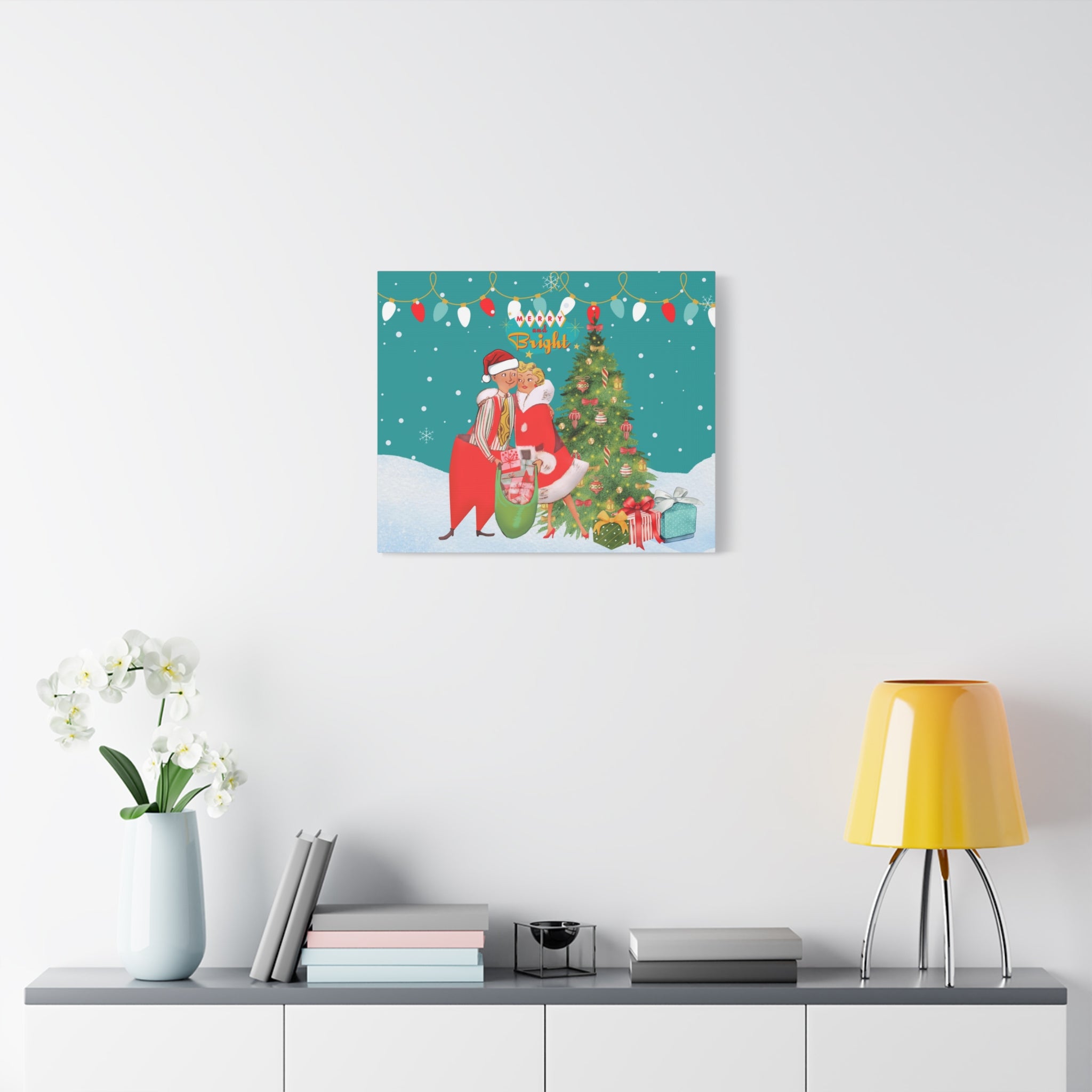 Christmas Mantel Art, Retro Vintage 50s Kitschy Mod Couple Festive Holiday, Whimsical Christmas Wall Decor, Merry & Bright Decor - Mid Century Modern Gal