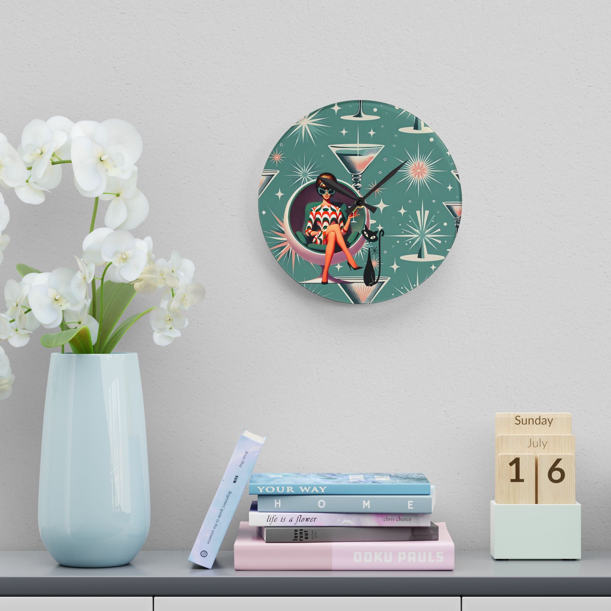 Retro 60s Gal, Martini Lover, Atomic Cat Glam Acrylic Wall Clock - Mid-Century Modern Design with Chic Cocktail Vibe - Mid Century Modern Gal