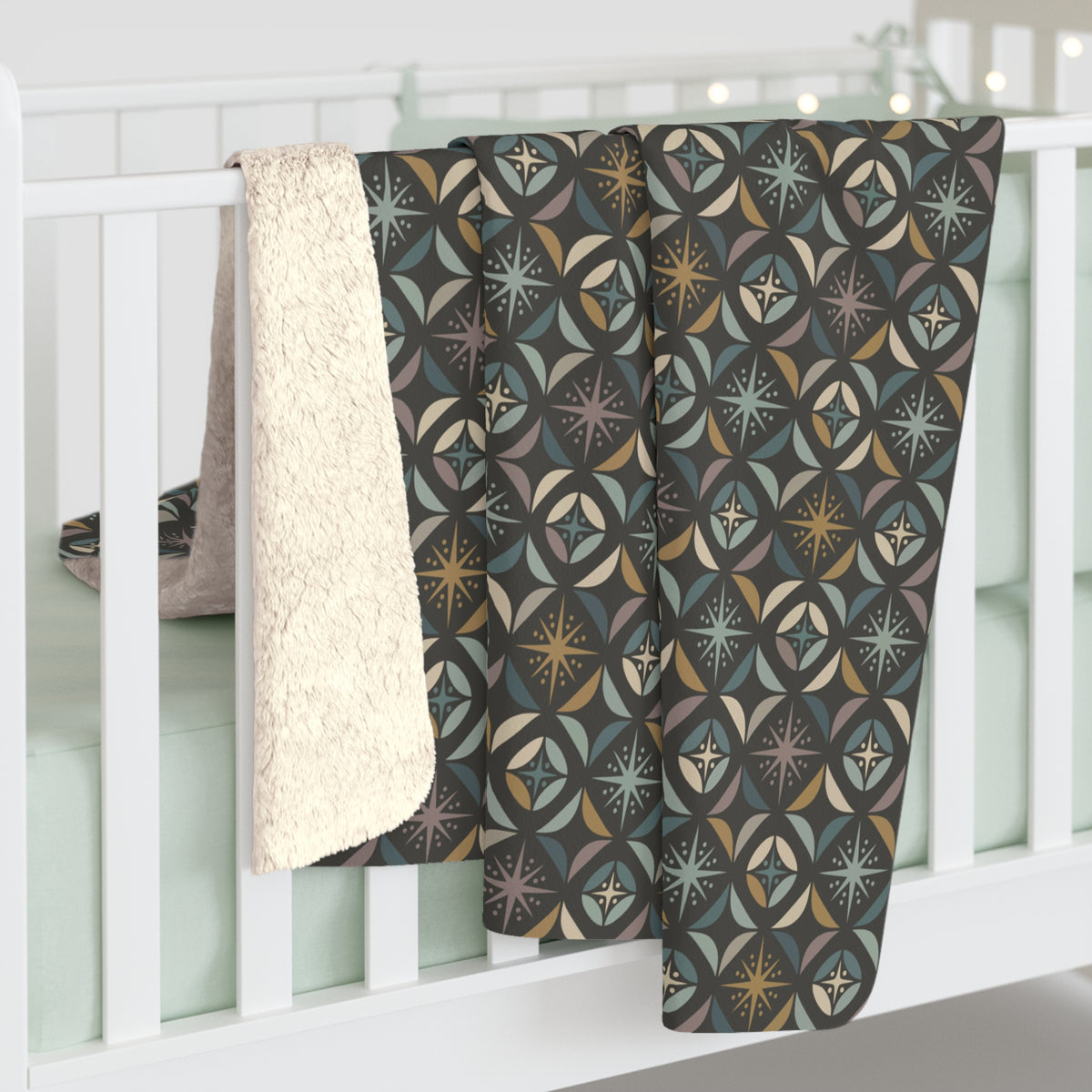 Mid Century Modern Elegant Gray Geometric Starburst Sherpa Fleece Blanket - Mid Century Modern Gal