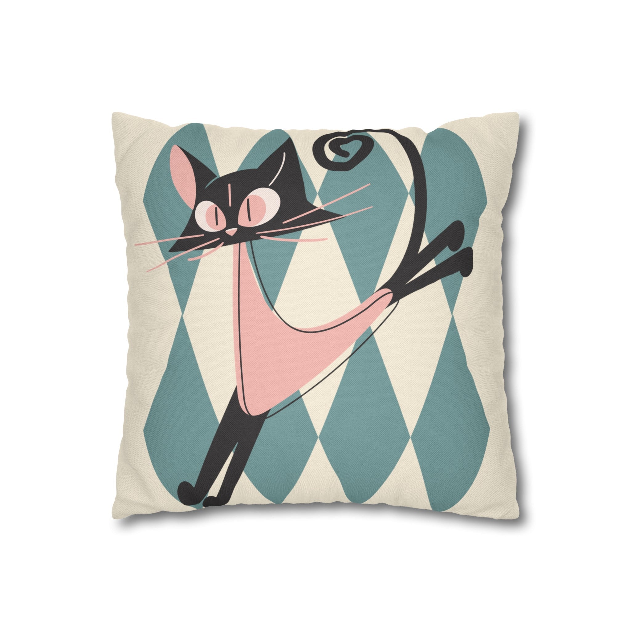 Atomic Kittie, Boomerang Mid Mod Atomic Cat, Harlequin Diamond Kitschy Pillow Cover - Mid Century Modern Gal