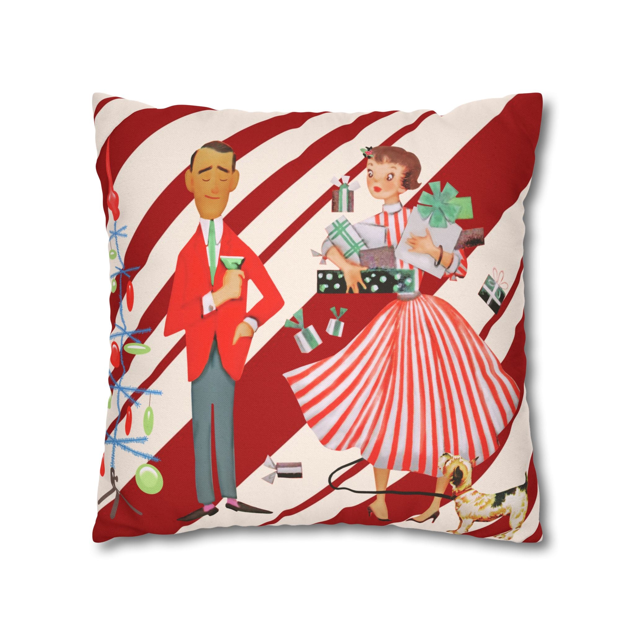 Retro Vintage Christmas Pillow Cover, Red And White Candy Cane Striped, Mid Century Modern Christmas Card Kitschy Holiday Throw - Mid Century Modern Gal