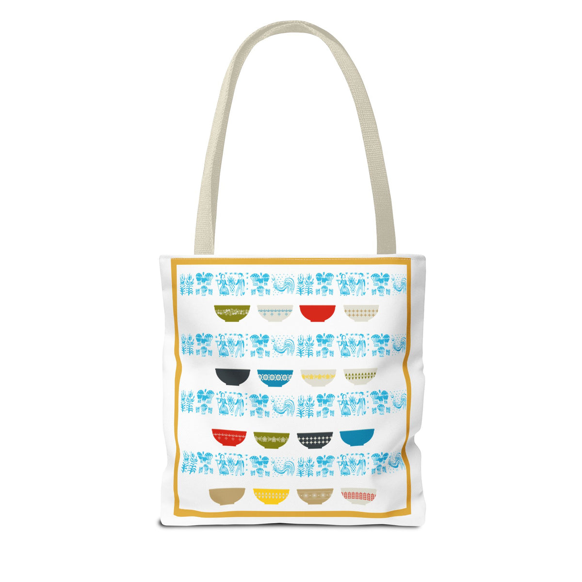 Vintage Pyrex-inspired tote bag featuring colorful bowl designs in blue, red, yellow, and green on a white background.