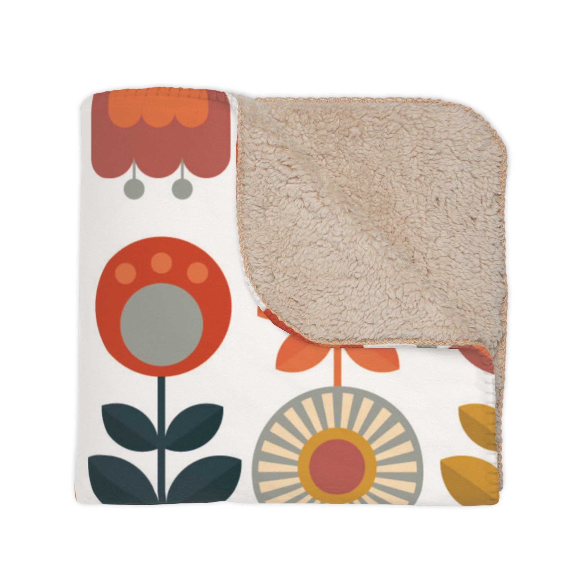 Retro Scandinavian Modern Danish Cozy Floral Tan Sherpa Blanket - Soft Throw Blanket for Home Decor & Gifts - Mid Century Modern Gal