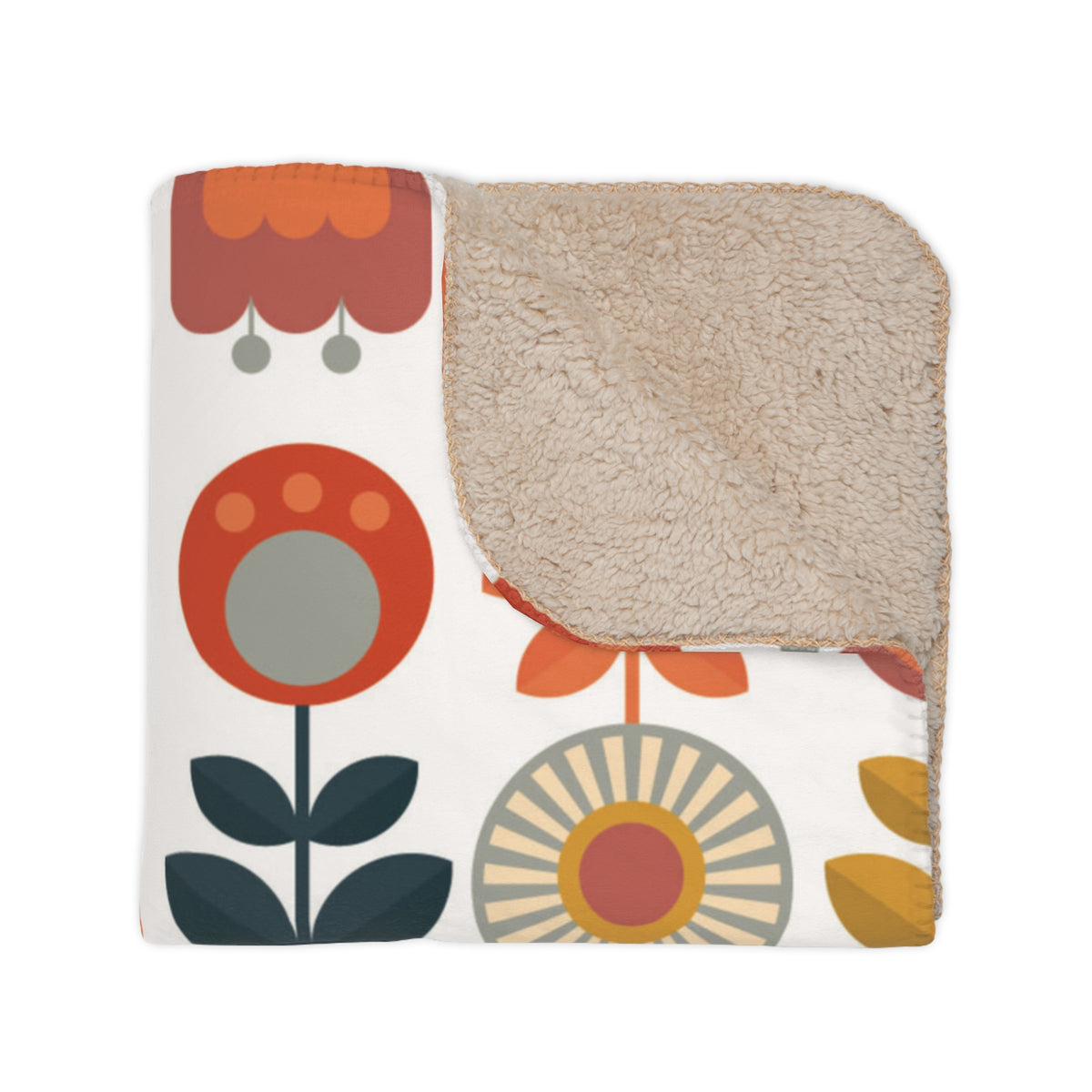 Retro Scandinavian Modern Danish Cozy Floral Tan Sherpa Blanket - Soft Throw Blanket for Home Decor & Gifts - Mid Century Modern Gal