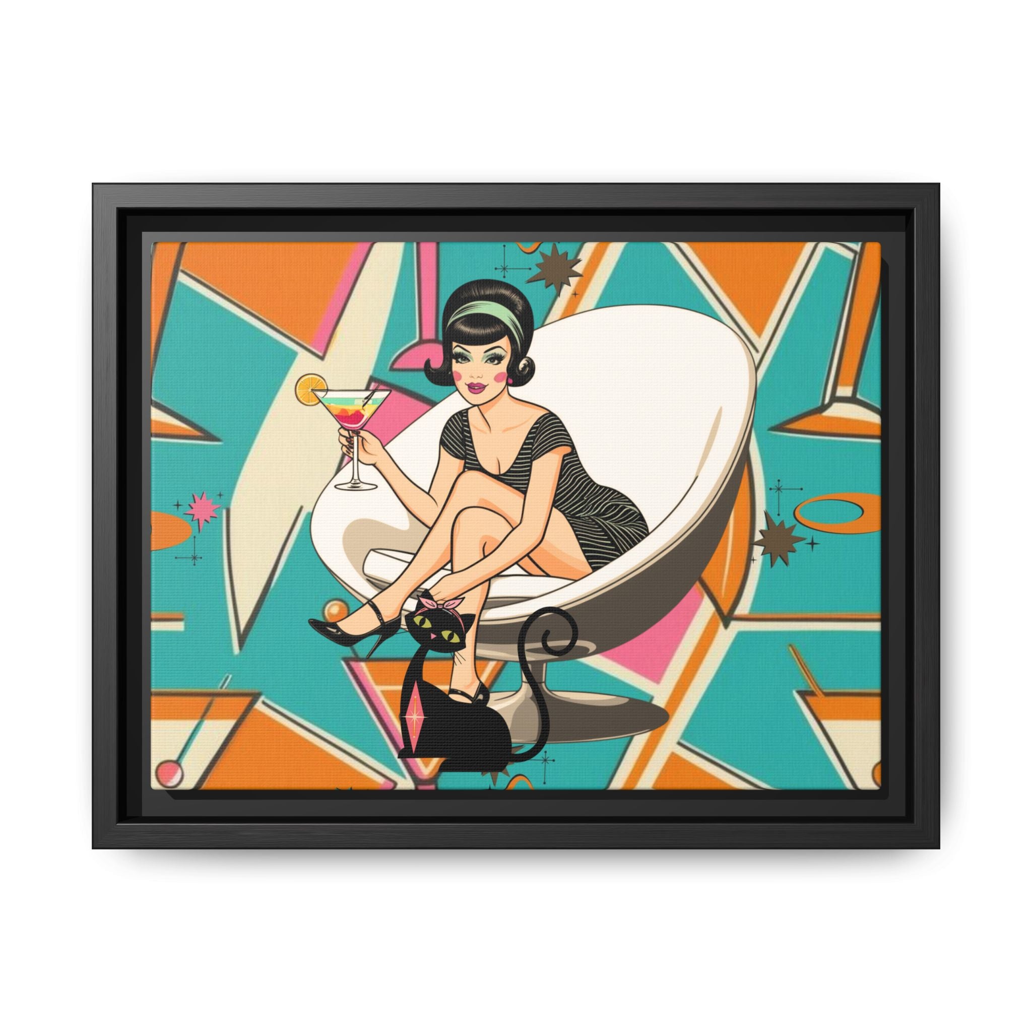 Mid Mod 60s Gal, Atomic Cat Barware Wall Art - Framed Matte Canvas with Vintage Cocktail And Retro Cat Design - Mid Century Modern Gal