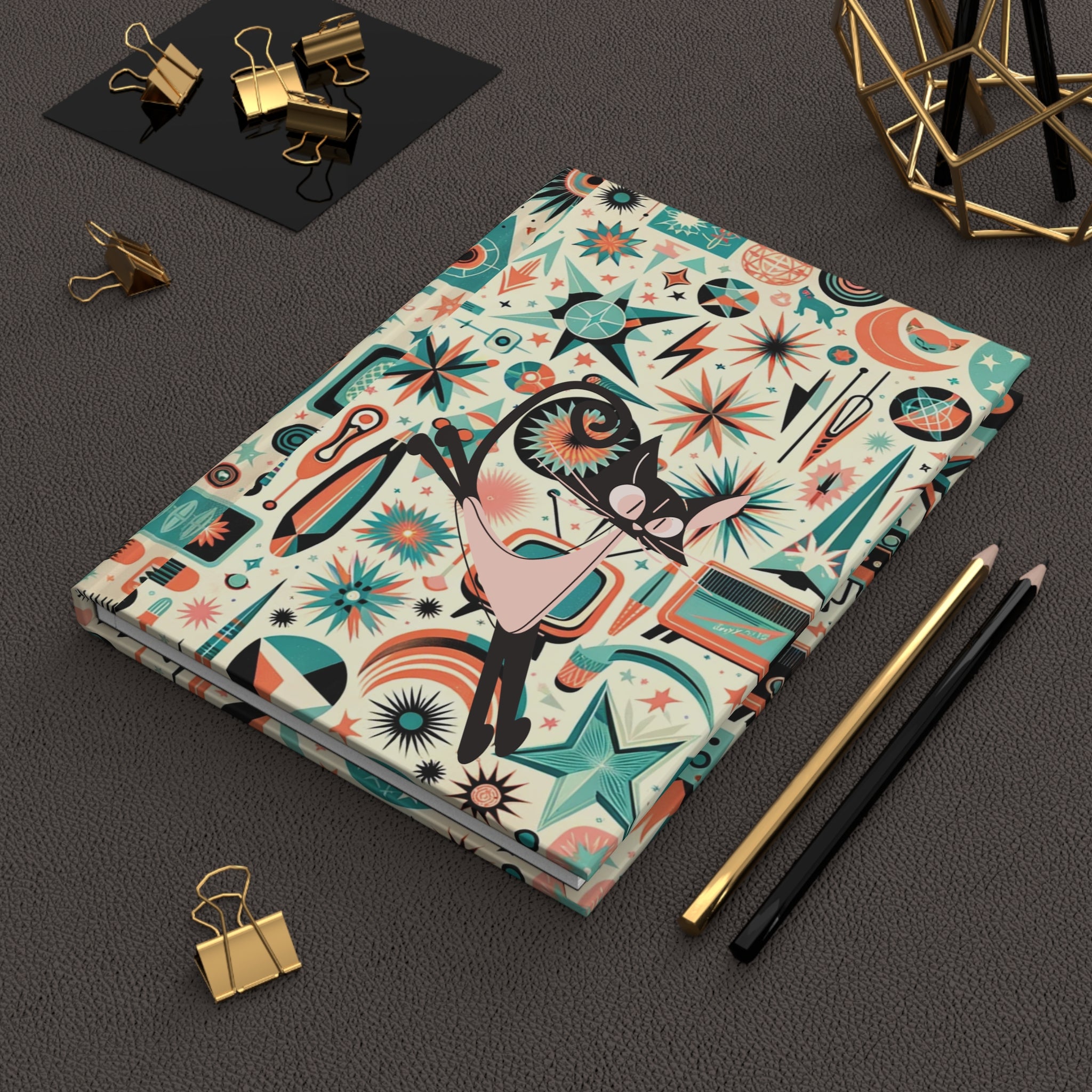 Atomic Cat Desk Journal, Notebook, Mid Century Modern Atomic 50s Design Hardcover Journal - Mid Century Modern Gal