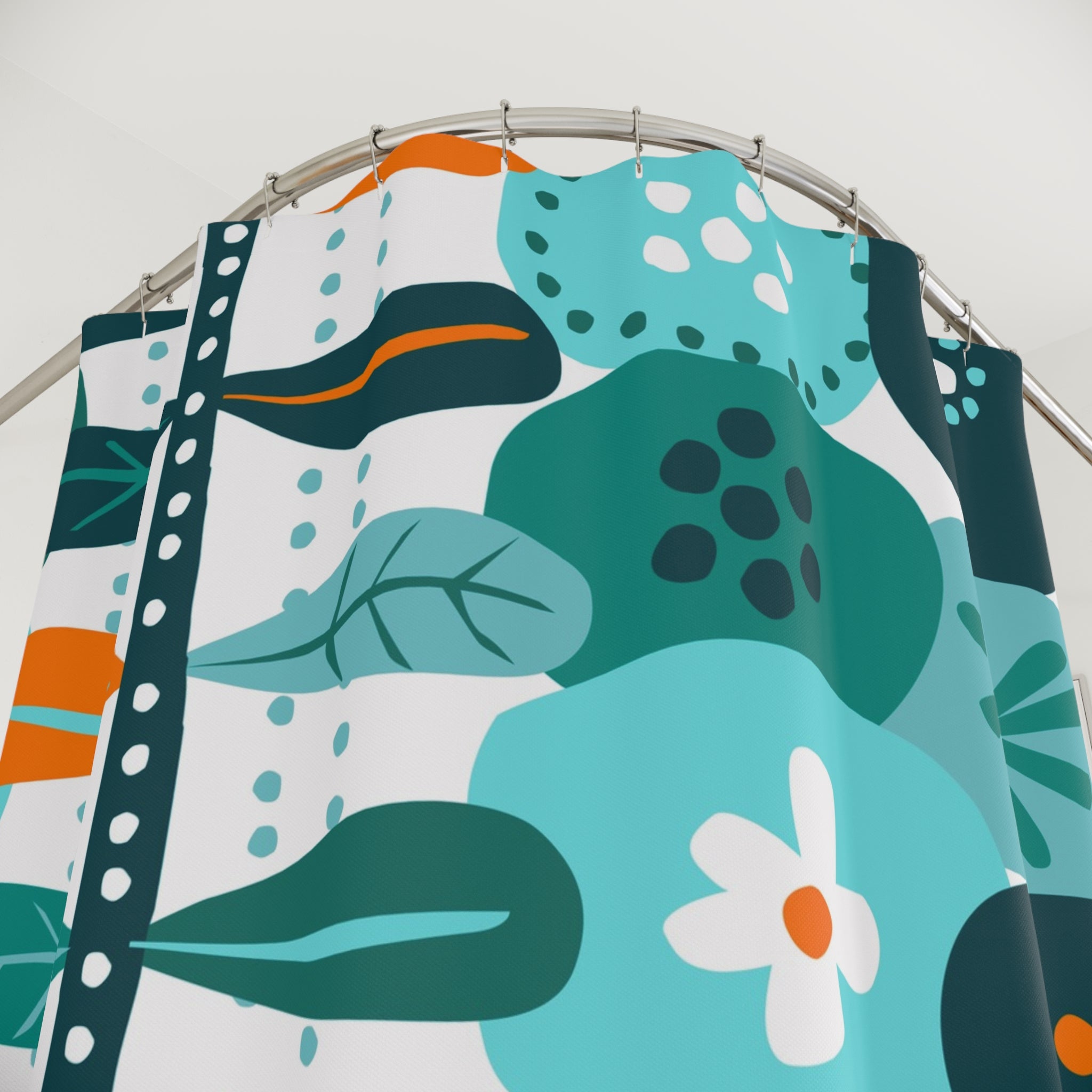 Mid Mod Scandinavian Floral Teal, Aqua Orange Mid Mod Shower Curtain - Mid Century Modern Gal